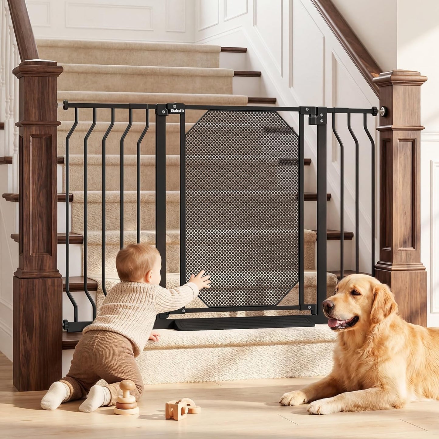 29.5-48" Baby Gate for Stairs, Pressure Mount No Drill, Lift to Unlock Child Proof, One-Hand Auto Close Walk Through Pet Dog Gate for Doorways, Fits 4 Different Width Ranges, Black