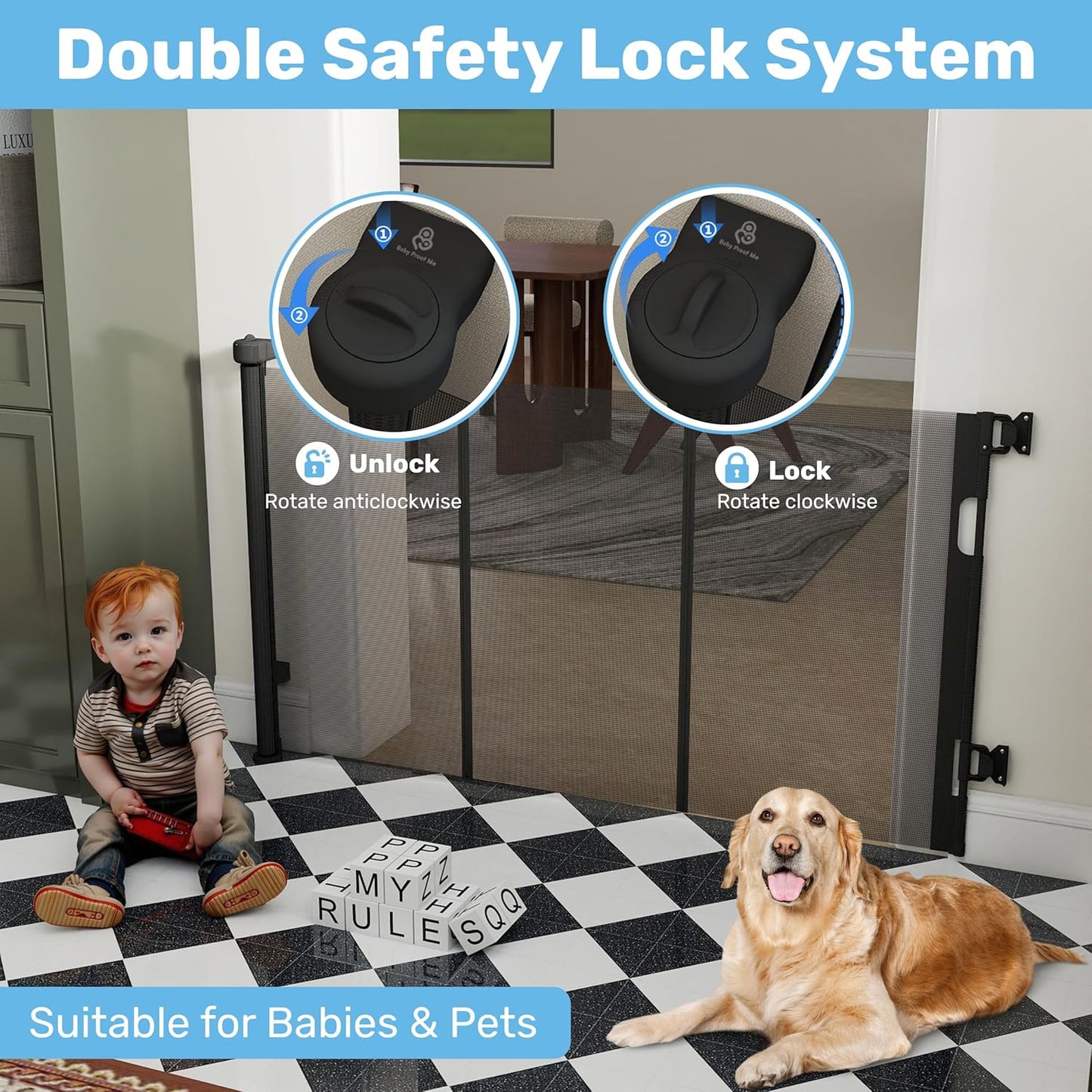 Retractable Baby Gates for Stairs & Doorways - 71” Wide Mesh Safety Gate for Toddlers, Dog & Pets - Use for Indoor/Outdoor, Hallways, Deck, Porch - Easy Installation, Secure Closure