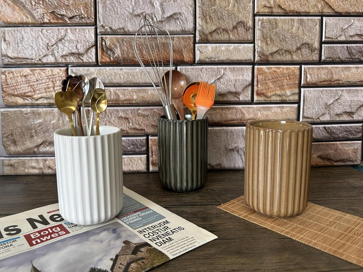 Stoneware Coffee Bar Utensil Holder Tea & Coffee Spoon & Stirrer Holder for Stir Stick Straw Teaspoon Holder Spoon Cup Small Utensil Jar Fluted Vertical Stripe (Rustic Brown)