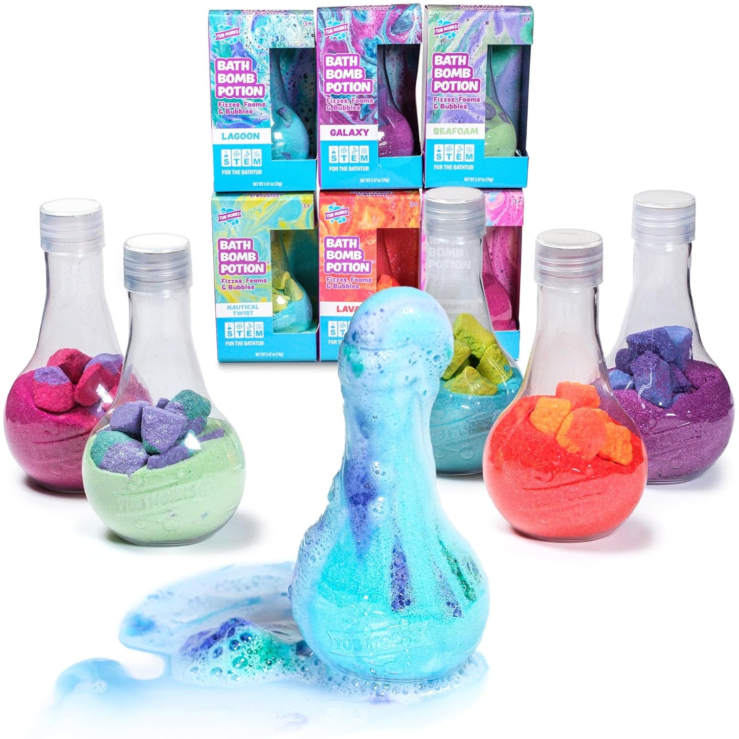 Tub Works® Kids Bath Bomb Potion™ Bath Toy, Variety 6 Pack | Nontoxic | Fizzes, Foams & Bubbles with an Eruption of Color | Interactive Bath Bombs | Fun Science Toddler Bath Toys