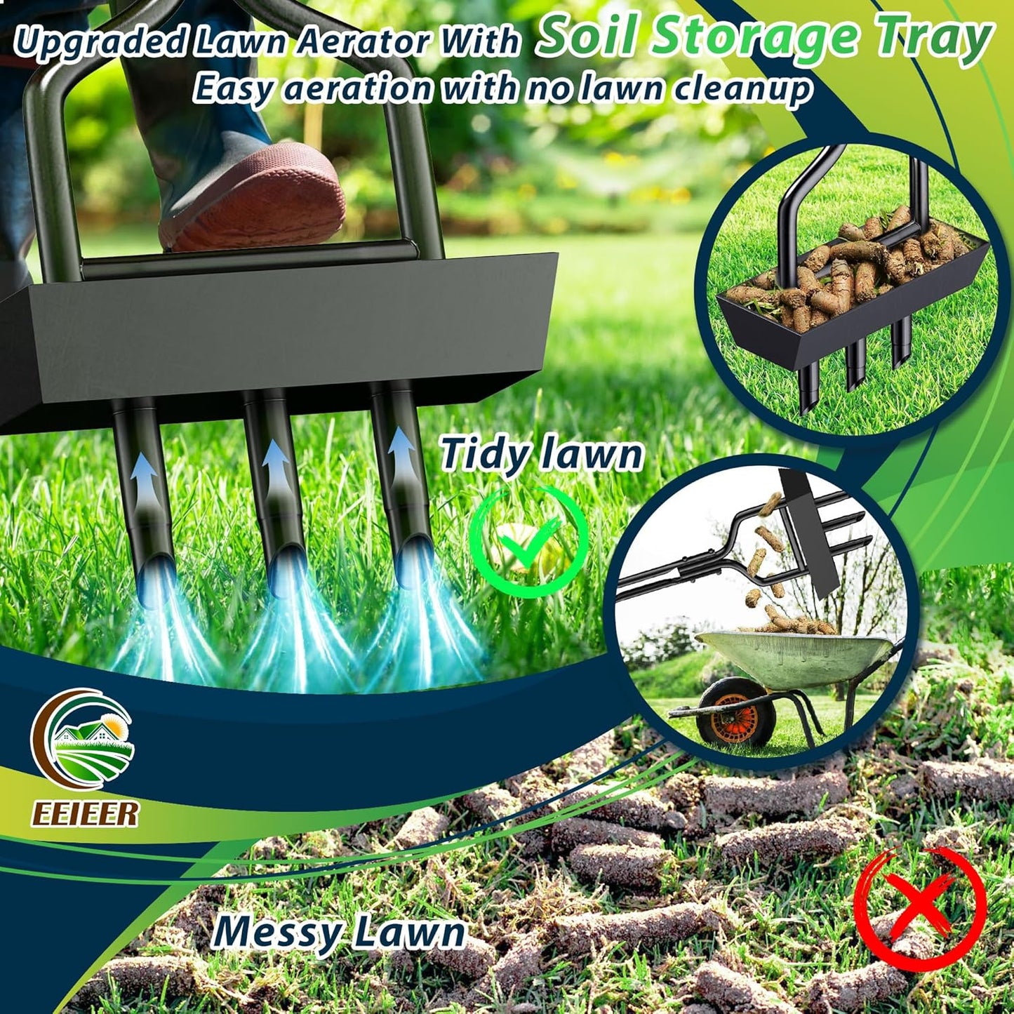 EEIEER Manual Lawn Aerator Tool with Soil Storage Basket - 2025 Upgraded Aerator Lawn Tool, 3 Tines Yard Aerators with Cleaning Tool, 38’’ Ergonomic Aeration Tools for Compacted Soil & Lawn Care