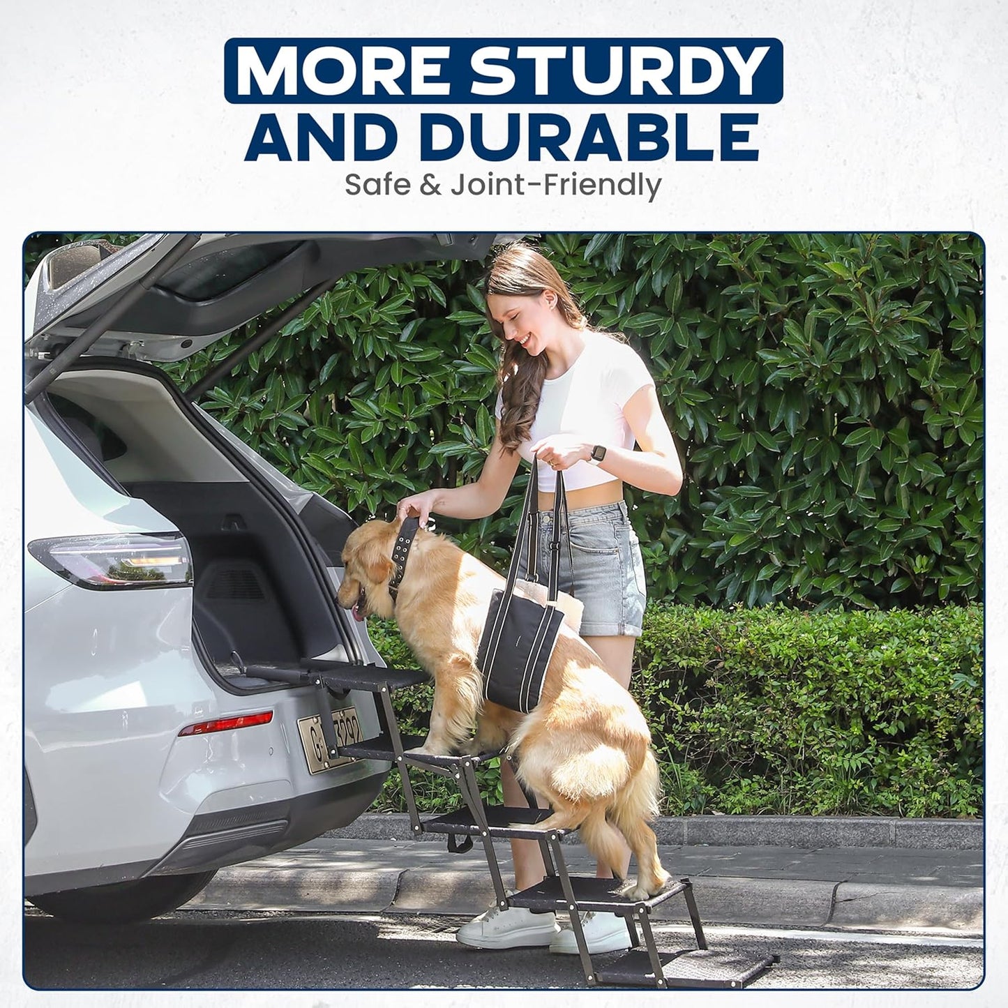Dog Stairs for Large Dogs for Car | 5 Step Foldable Dog Stairs | 200lb Capacity | Non-Slip Rug Steps | XL Lift Harness Included | Pet Stairs for Large Dogs | Dog Steps for Truck & SUV | VERALUX