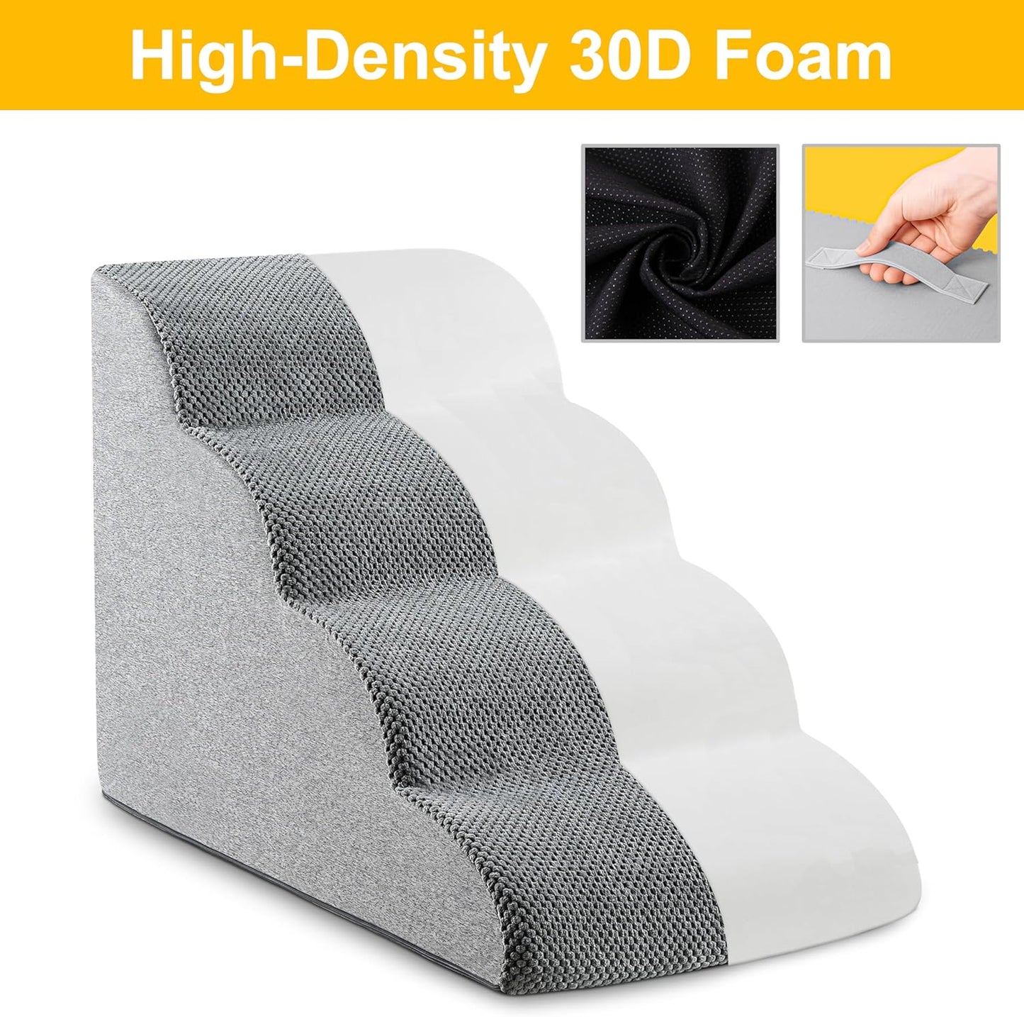 Dog Stairs, 15.7” H – 3-Step Foam Ramp for Small Dogs & Cats, Waterproof Washable Cover, Non-Slip Base, Lightweight Pet Ladder for Couch or Bed (Grey)