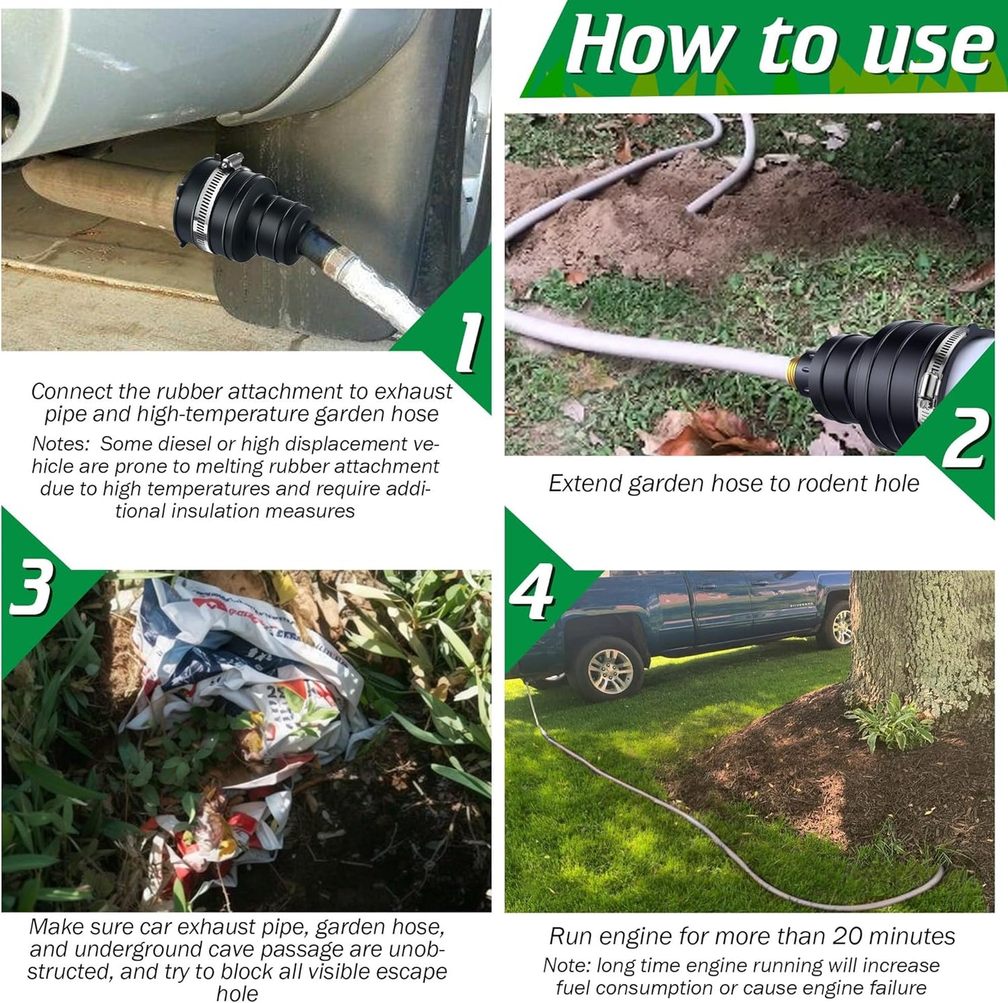 Qualirey 1 Pack Pest Control Exhaust Pipe Attachment Transport Exhaust from Car to Underground for Killing Outdoor Rodents Such as Moles, Gophers (FIT for Pipe in 2"-2.4"/3"-3.5" Diameter) (Black)