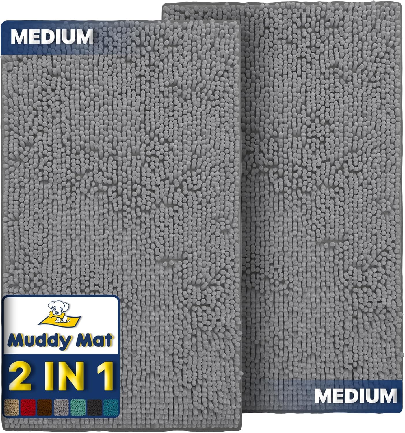 Muddy Mat® 2-Piece Grey Medium 30"X19" AS-SEEN-ON-TV Highly Absorbent Microfiber Door Mat, Bath Mat and Pet Rug, Non Slip Thick Washable, Soft Chenille for Kitchen Bathroom Bedroom Indoor and Outdoor