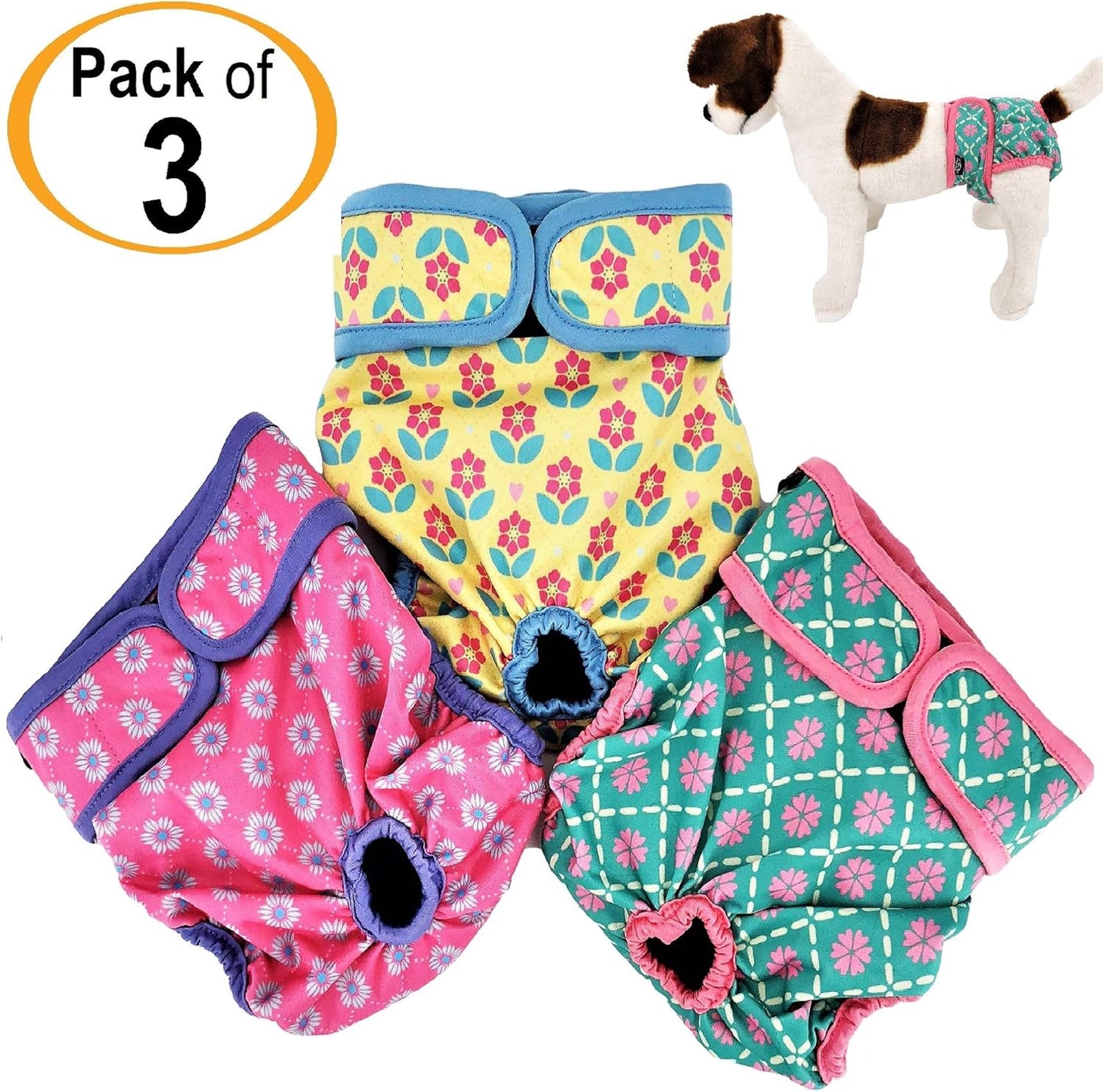 Pack of 3 Female Dog Diapers with 4 - Layers of Absorbent Pads Cat Panties Waterproof Leak Proof Washable (XS: Waist 8" - 12", Neon Pattern)