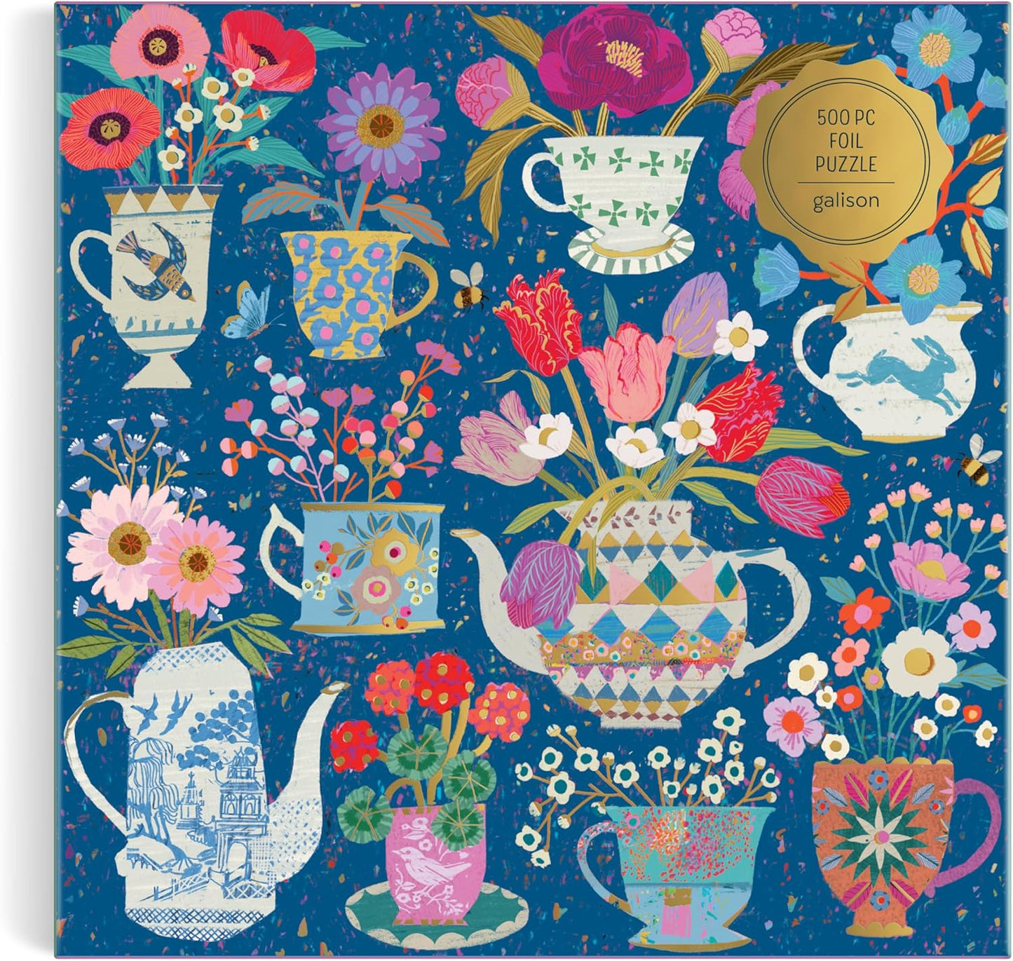 Galison Potted Teacups – 500 Piece Foil Jigsaw Puzzle Featuring Beautiful Artwork of Potted Teacups with Floral Background