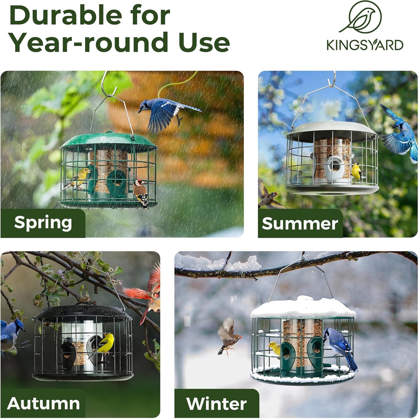 Kingsyard Tube Squirrel Proof Bird Feeders for Outdoor Hanging, Metal Caged Bird Feeder with Rain Proof Covered for Wildbirds Finches Bluebird, 4 Feeding Ports, Green