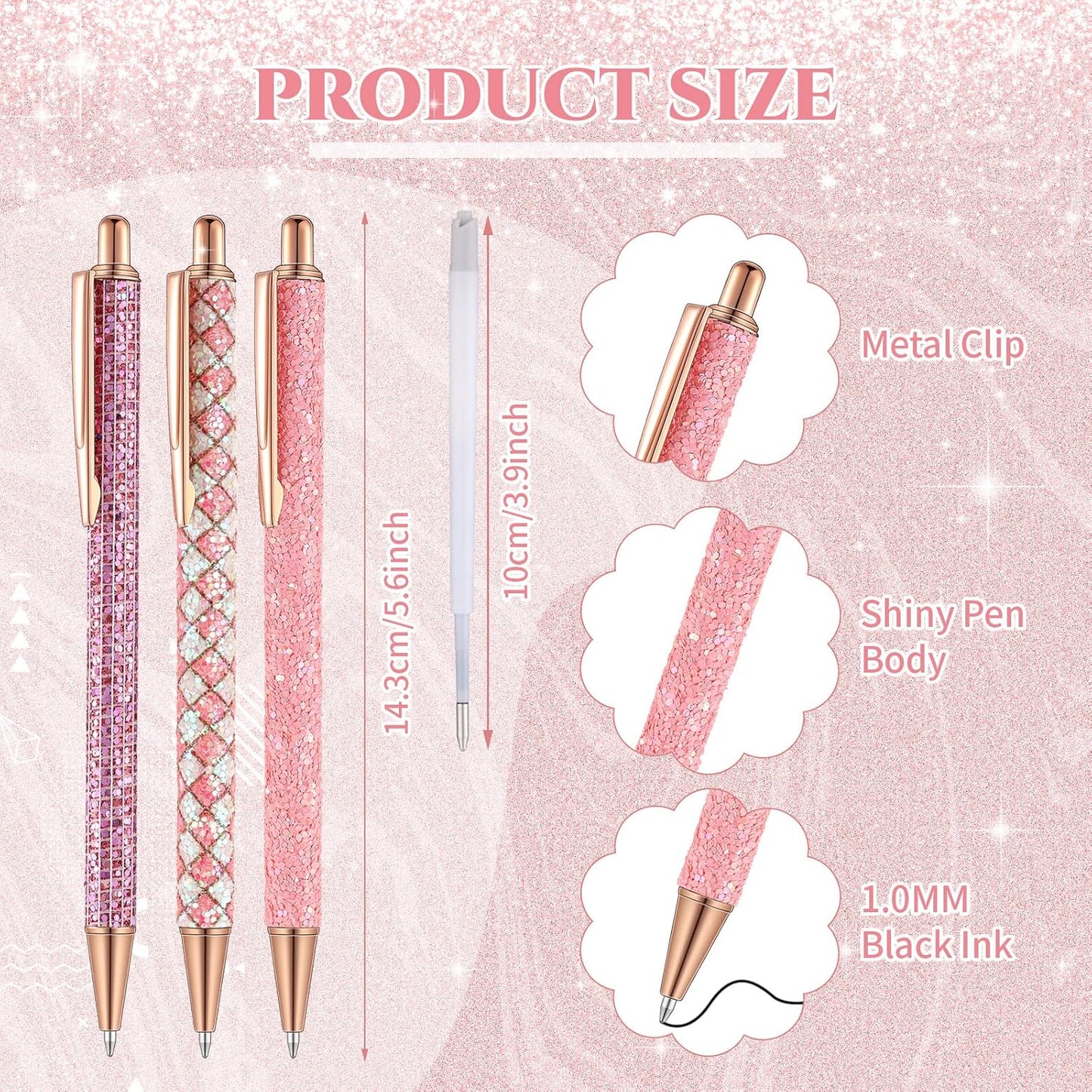 Sherr 7 Pcs Fancy Pens for Women Cute Sparkly Glitter Pens with 10 Pcs Black Ink Refills Pretty Gifts for Girls Office School Christmas Graduation(Cute)