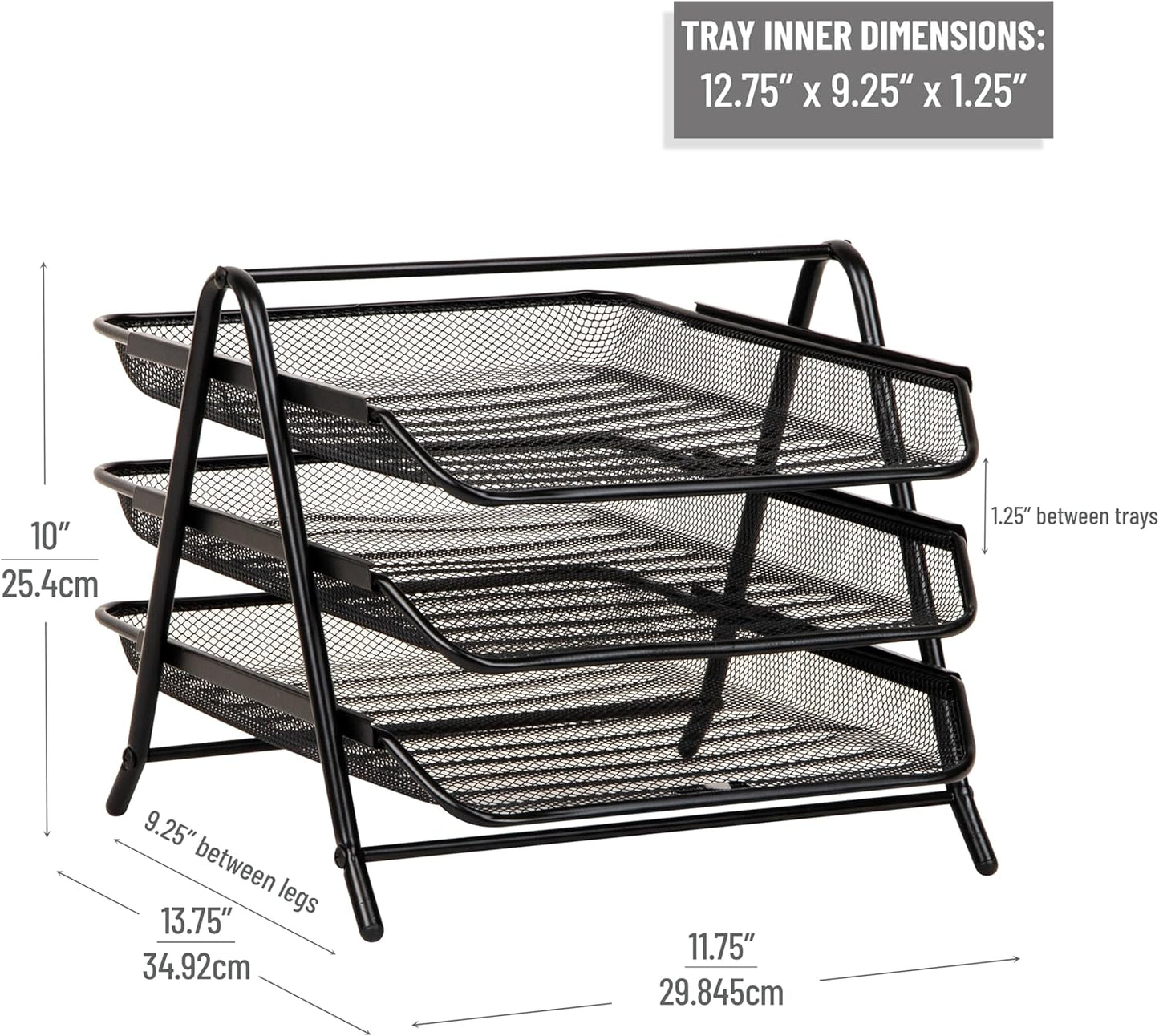 Mind Reader 3-Tier Paper Tray, Desktop Organizer, File Storage, Workspace, Office, Metal Mesh, 11.75"L x 13.75"W x 10"H, Black