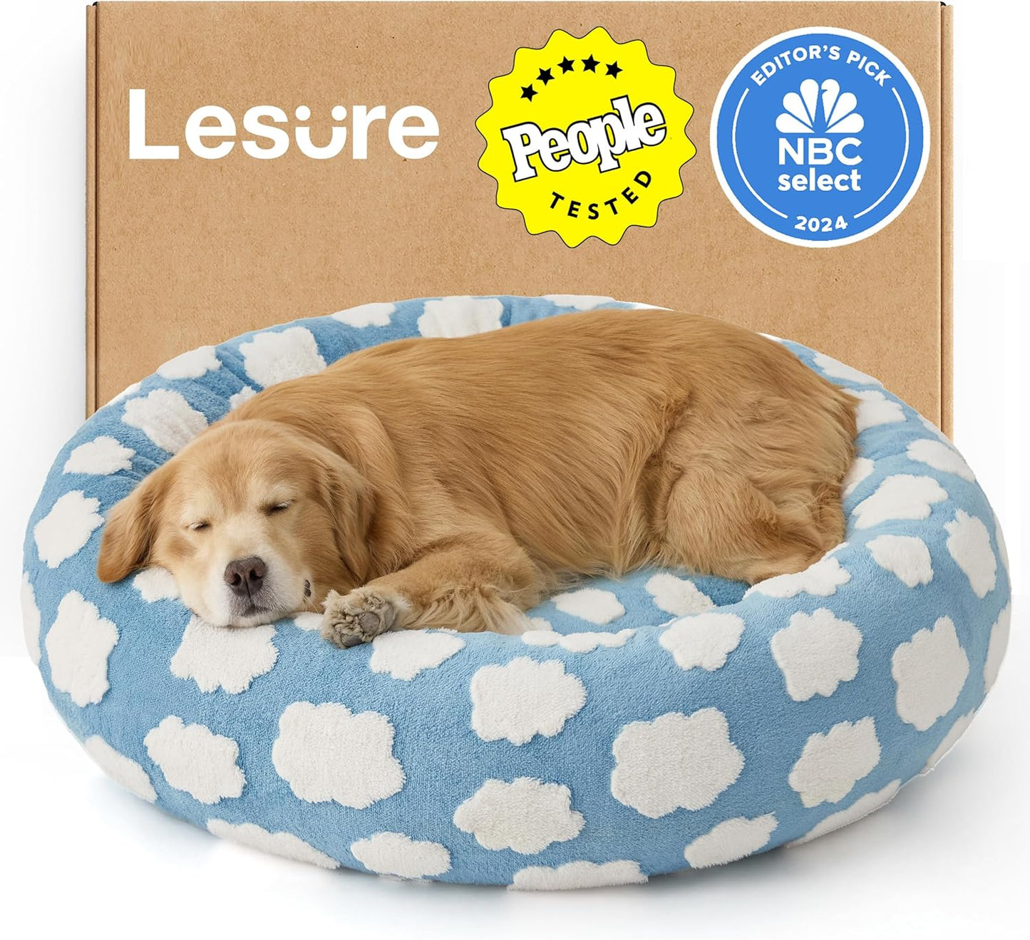 LE SURE Shown on TV Donut Dog Beds Extra Large Sized Dog - Round Pet Beds for Calming Puppy with Washable Cover, Orthopedic Modern Beds with Jacquard Shaggy Plush & Anti Slip Bottom, 42 Inch，Blue
