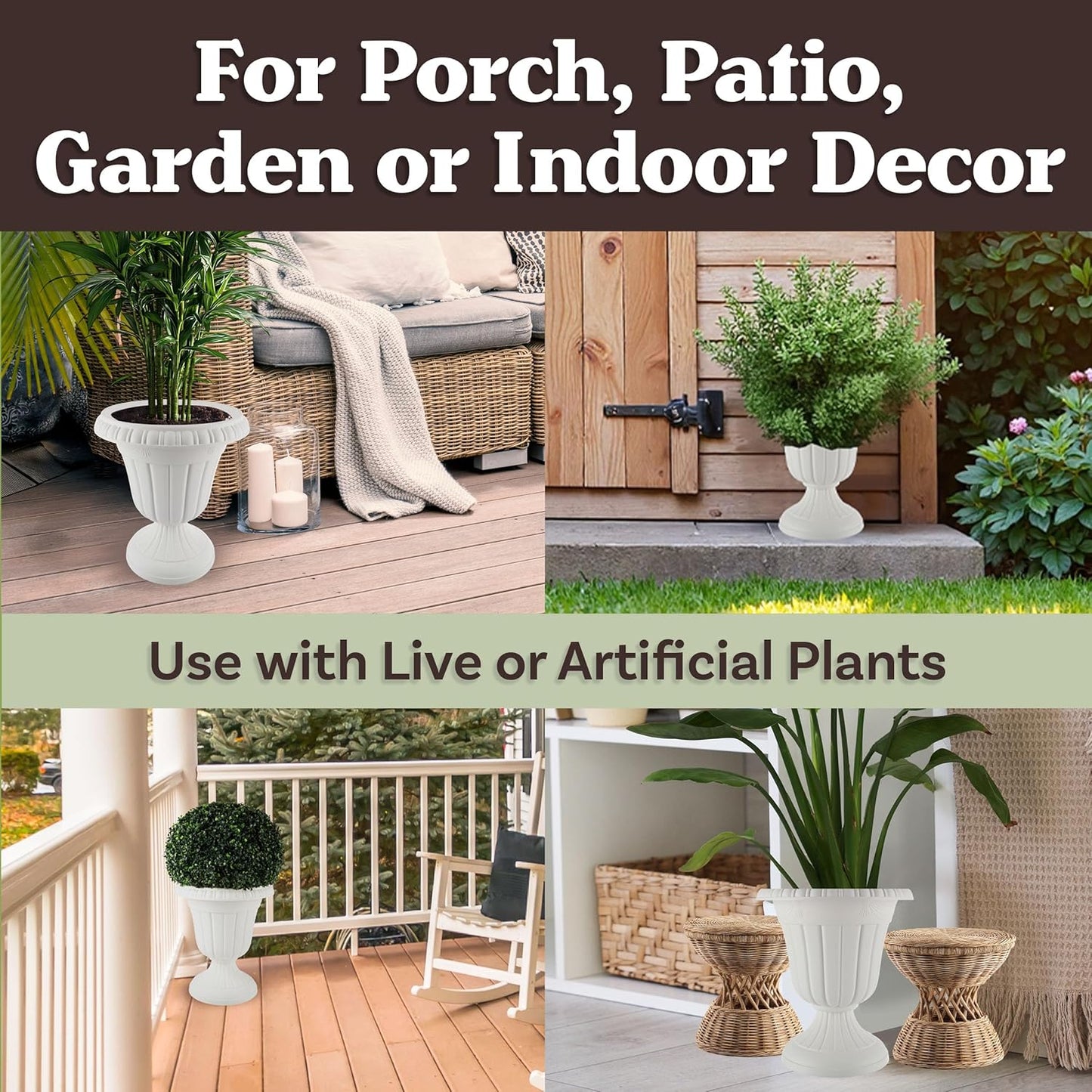 Outdoor Planter 2-Pack - 16x18-Inch Urn Planters - Plastic Plant Pots for Indoor, Outdoor, or Front Porch Decor - Flower Pots by Pure Garden (White)