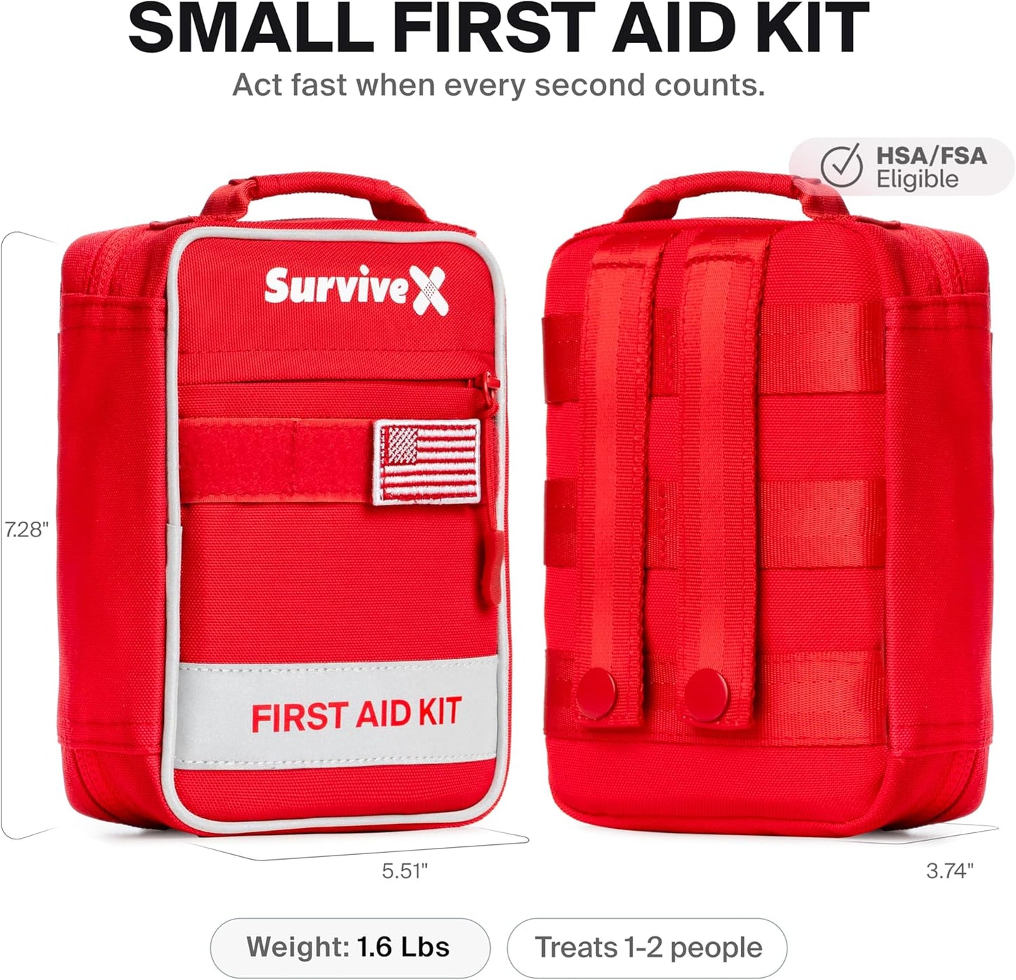 Small First Aid Kit for Car, Travel & Home - Emergency Kit for Hiking, Camping, Backpacking and Outdoors - Includes Zip Stitch Wound Closure Strips