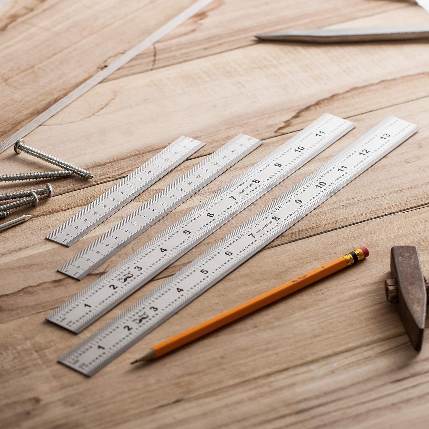 Mr. Pen- Machinist Ruler, 4 Pack (6, 8, 12, 14 inch), Metric & Millimeter Ruler, 1/64, 1/32, mm and .5 mm, Stainless Steel