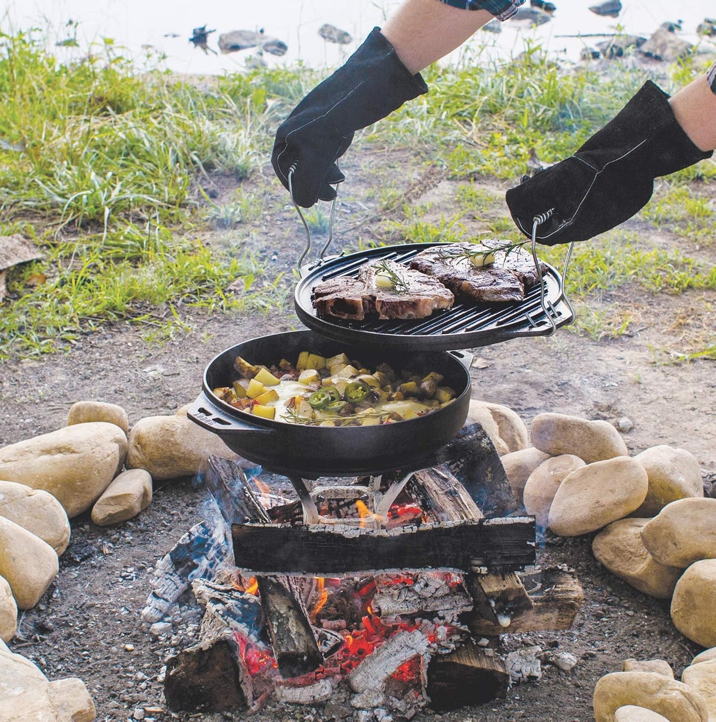 Lodge Cast Iron Cook-It-All Kit. Five-Piece Cast Iron Set includes a Reversible Grill/Griddle 14 Inch, 6.8 Quart Bottom/Wok, Two Heavy Duty Handles, and a Tips & Tricks Booklet.