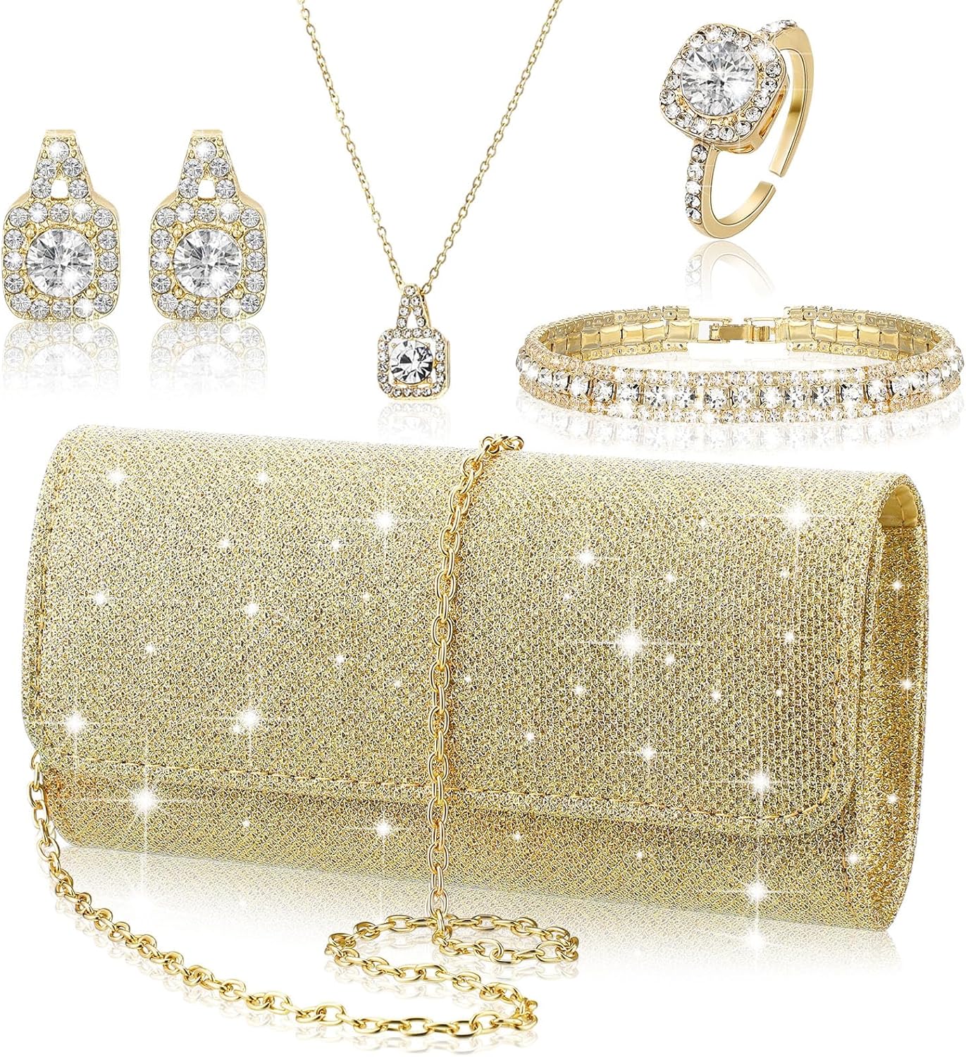 5 Pcs Rhinestone Jewelry Set for Women Glitter Bling Clutch Purse Necklace Earrings Bracelet Ring for Bride Wedding