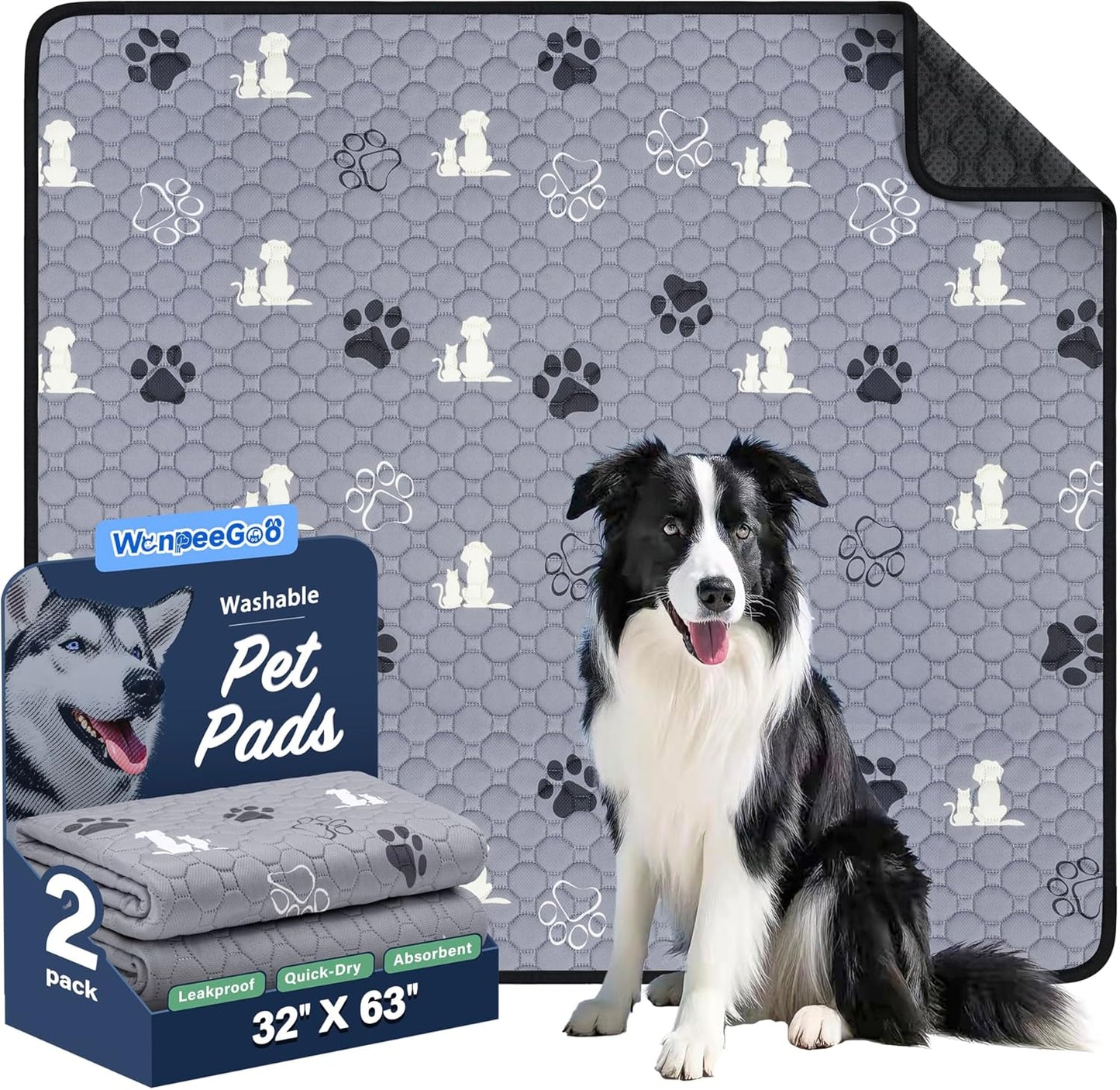 Washable Pee Pads, Puppy Pee Pad for Dogs, 2 Pack Absorbent Reusable Training Dog Pads Pet Puppy Pads, Non-Slip Potty Pads for Whelping, Playpen, Crate, Bed, Grey 32"x63"