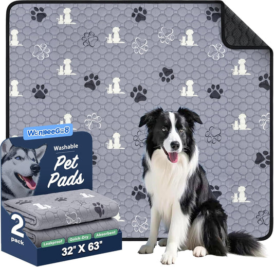 Washable Pee Pads, Puppy Pee Pad for Dogs, 2 Pack Absorbent Reusable Training Dog Pads Pet Puppy Pads, Non-Slip Potty Pads for Whelping, Playpen, Crate, Bed, Grey 32"x63"