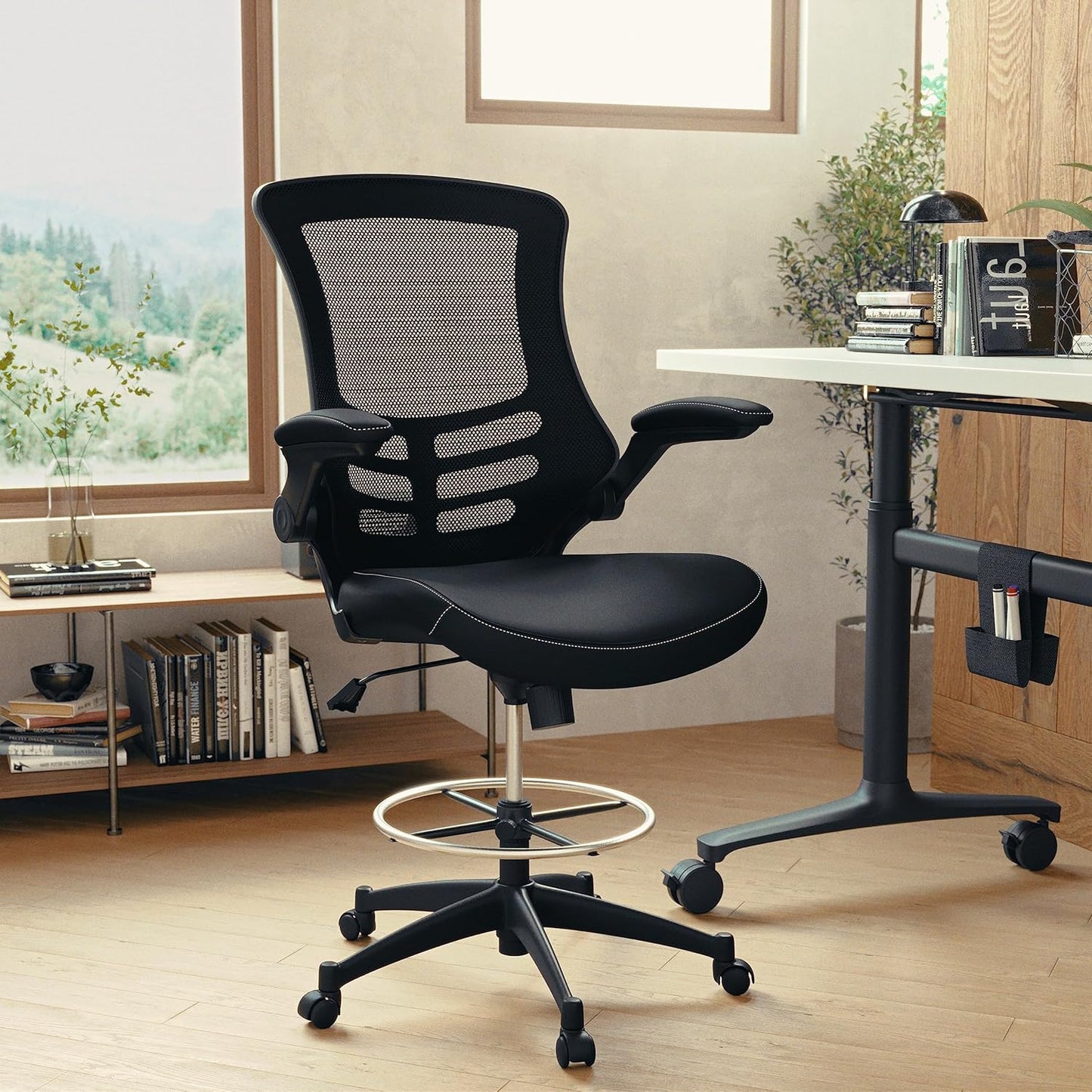 Flash Furniture Kelista Mid-Back Swivel Office Chair with Adjustable LeatherSoft Seat Height, Ergonomic Mesh Chair with Flip-Up Arms, Black