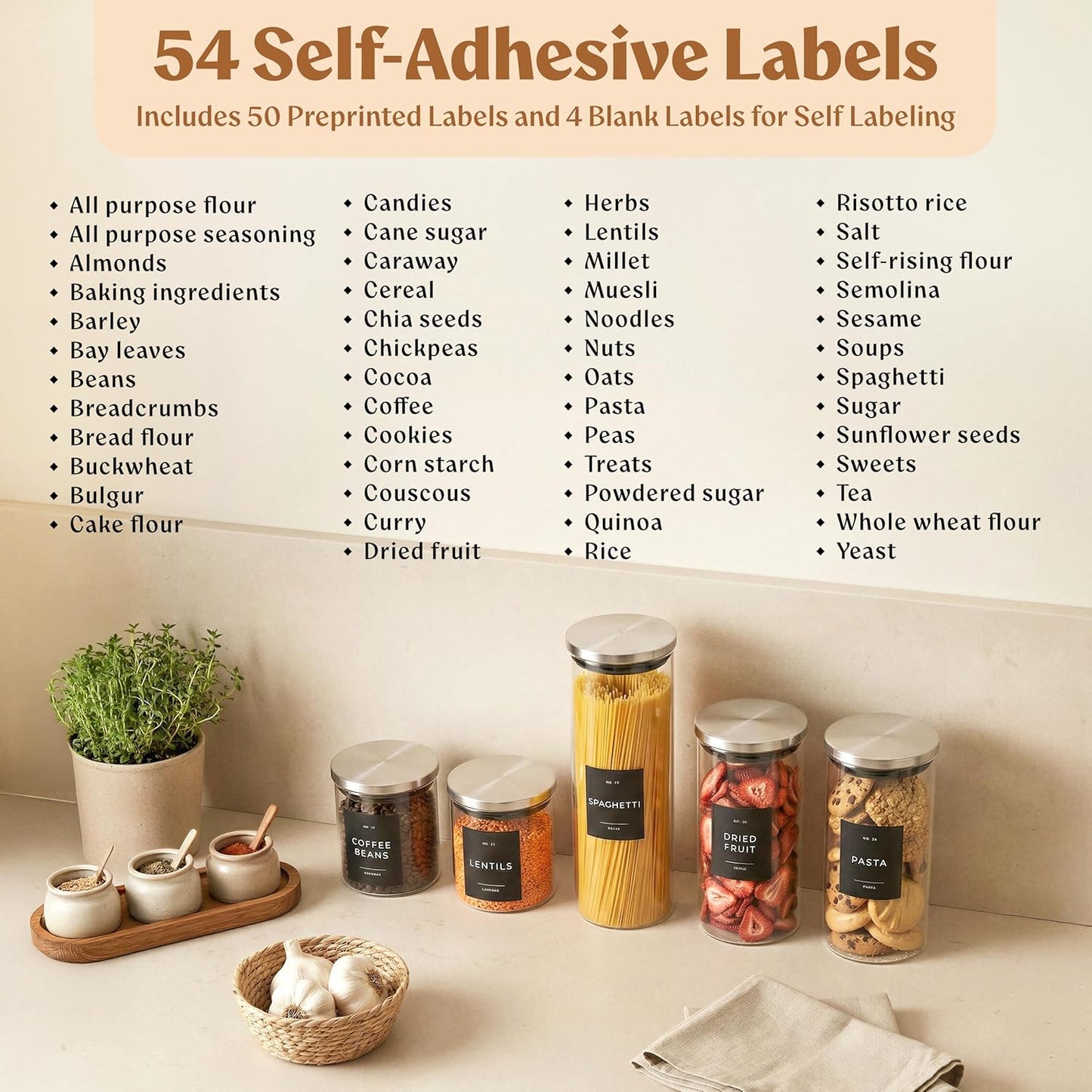 Glass Storage Containers with Stainless Steel Lids [Extra Thick Glas] with 54 Labels - Canister For Pantry Noodles Flour Cereal Rice Sugar Tea Coffee Beans - Round Set of 5x