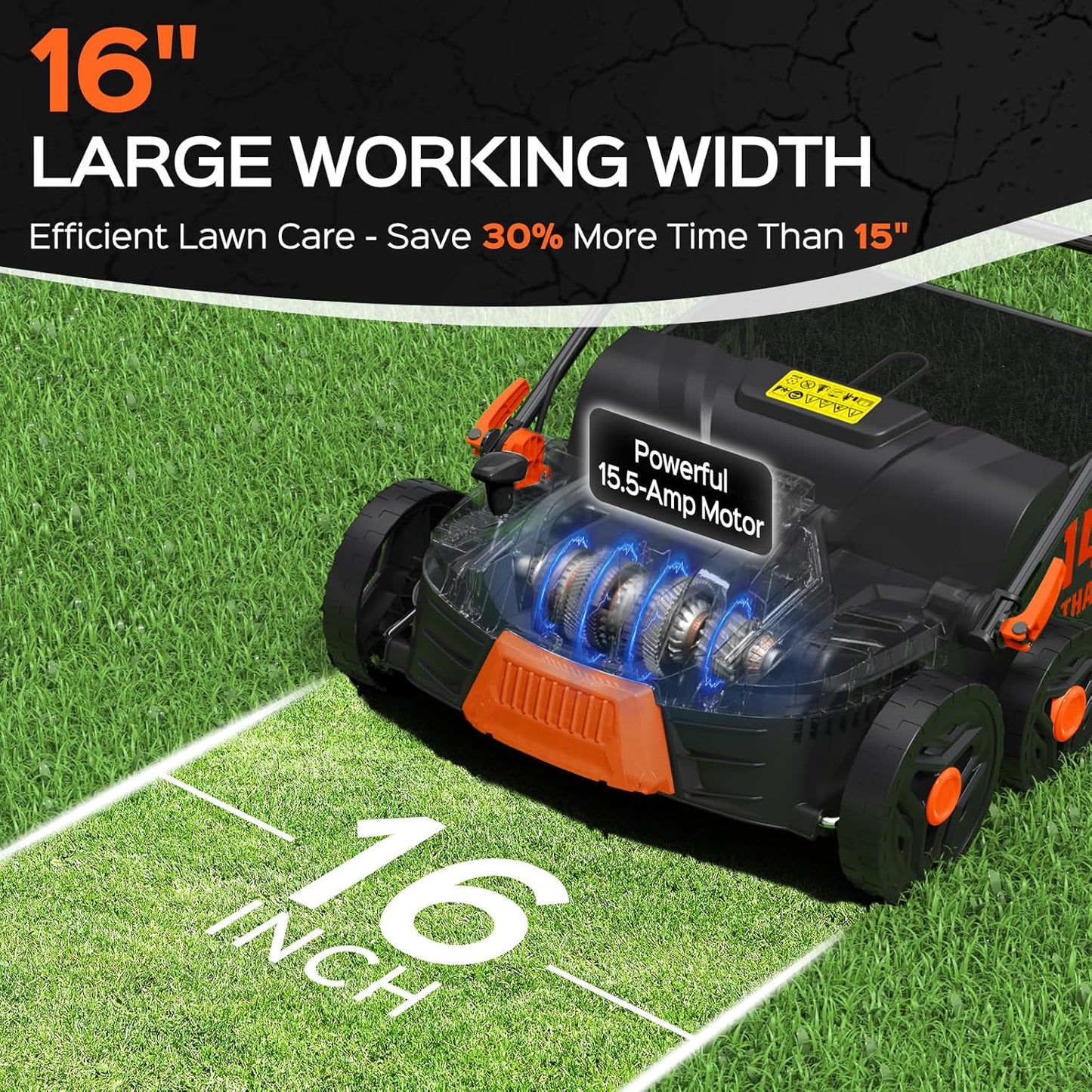 16-Inch 15.5 Amp 2-in-1 Electric Dethatcher and Scarifier with 14.5-Gallon Collection Bag, Lawn Dethatcher with 5-Position Depth Adjustment, Quick-Fold, Keeps Lawn Healthy - Blaze Orange
