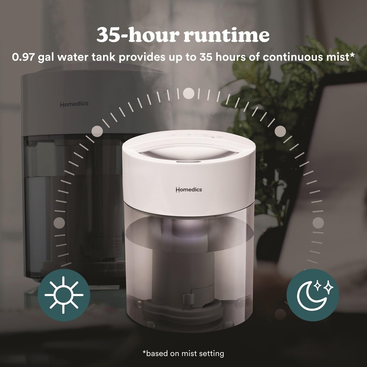 HoMedics Humidifiers for Bedroom, Home, Nursery, Office and Plants. Total Comfort UV-C Ultrasonic Humidifier, Leak Resistant Design, 0.97 Gallon Tank, 35 Hour Run Time, Quiet, Cool Mist, Night Light