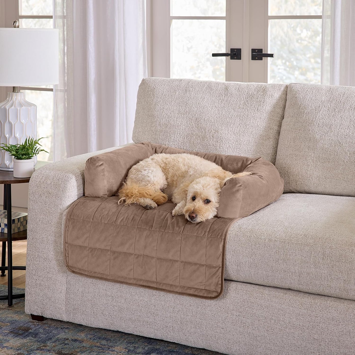 SureFit Pet Otis Quilted 3-Sided Bolster Pet Bed, Waterproof Couch Protector for Dogs & Cats, Plush Fabric & Odor Control, Machine Washable Non-Slip Pet Couch Protector, Large, 46 in x 32 in, Sable