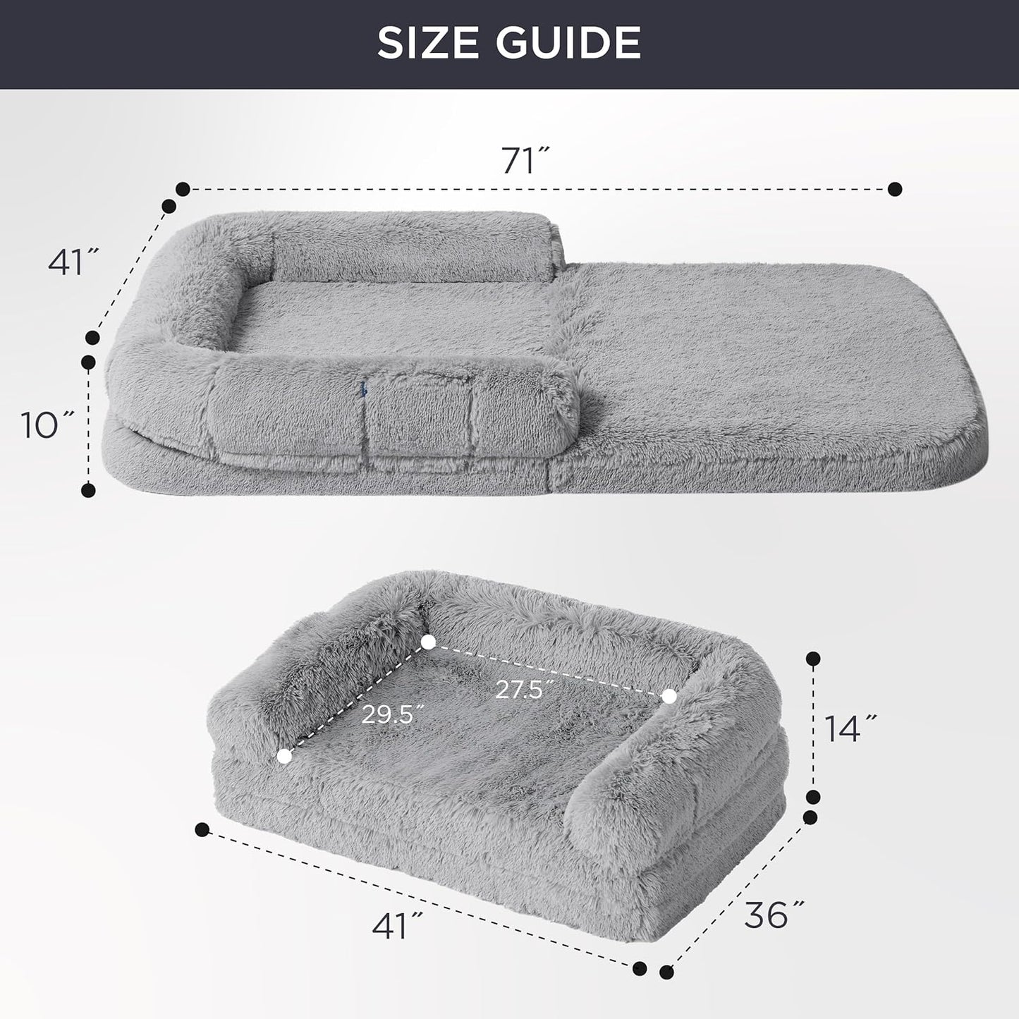 Bedsure Foldable Human Dog Bed -Giant Dog Bed for Adult People with Supportive Bolster Egg Foam, Waterproof Liner, Calming Fluffy Faux Fur Orthopedic Big Bean Bed, Light Grey
