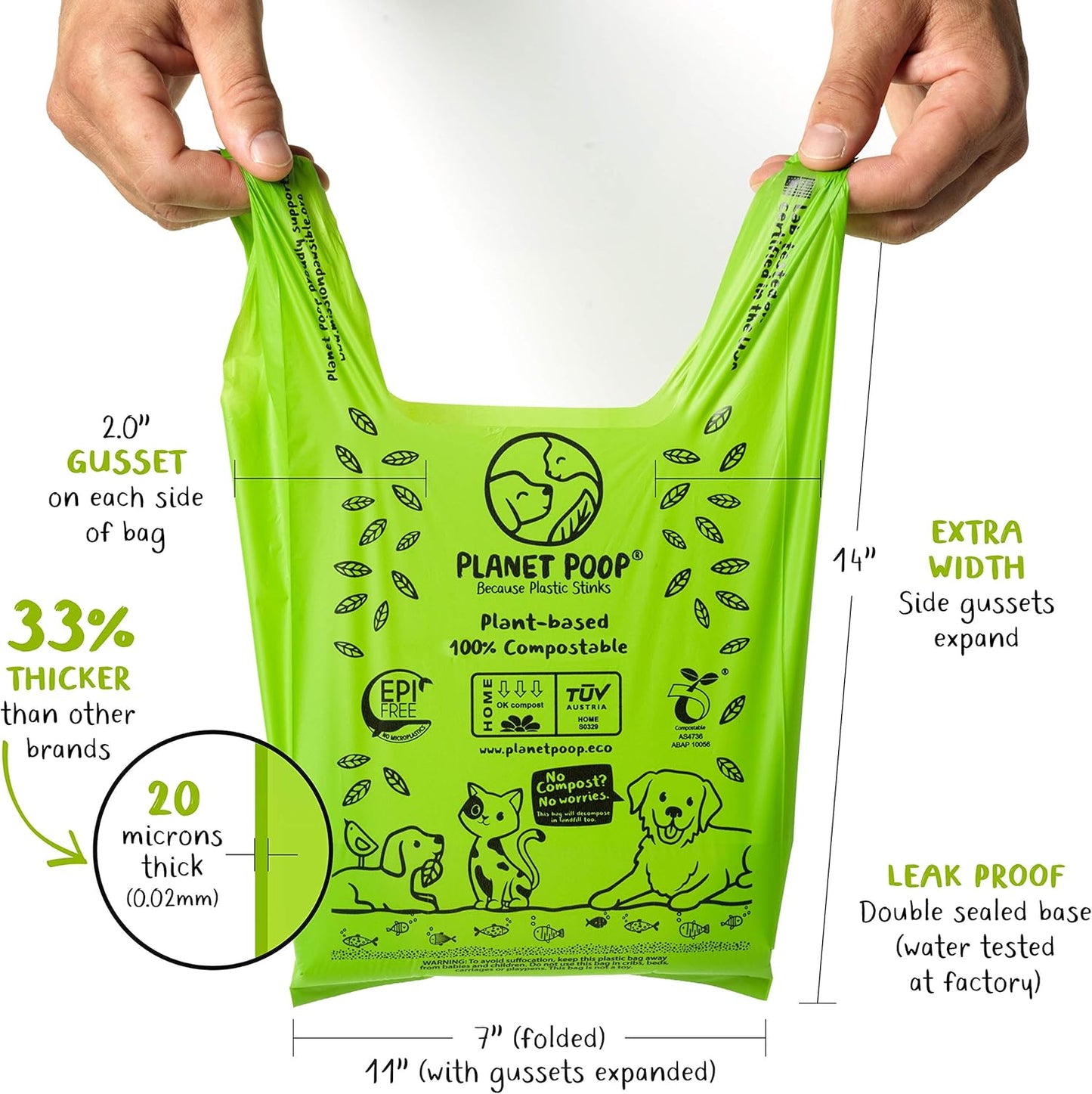 PLANET POOP Home Compostable Dog Poop Bags with Handles, Standard Size 180 Count, Un-Scented Dog Waste Bag, Thick Leakproof Doggy Cat Bag, Plant-Based Green Pet Supplies