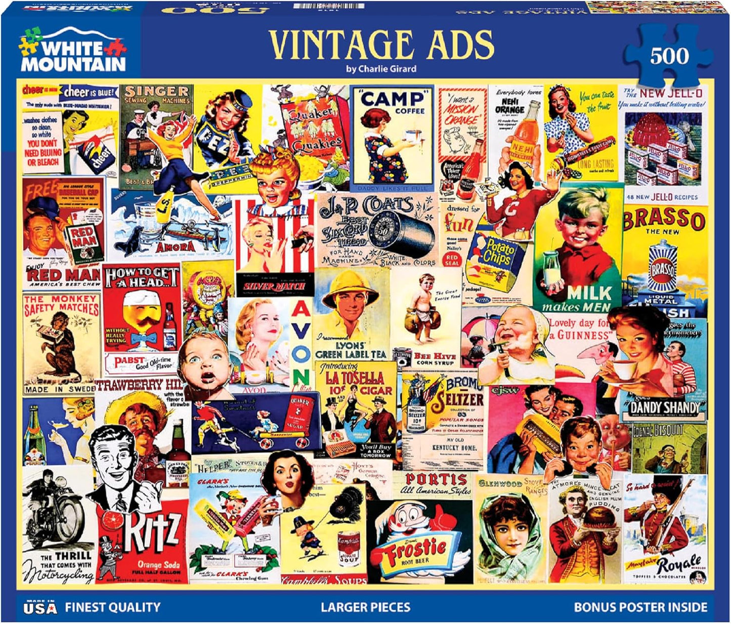 White Mountain 500 Piece Jigsaw Puzzle Funny Retro Collage Puzzles with Large Pieces Gift for Adults 18"x24" - Vintage Ads