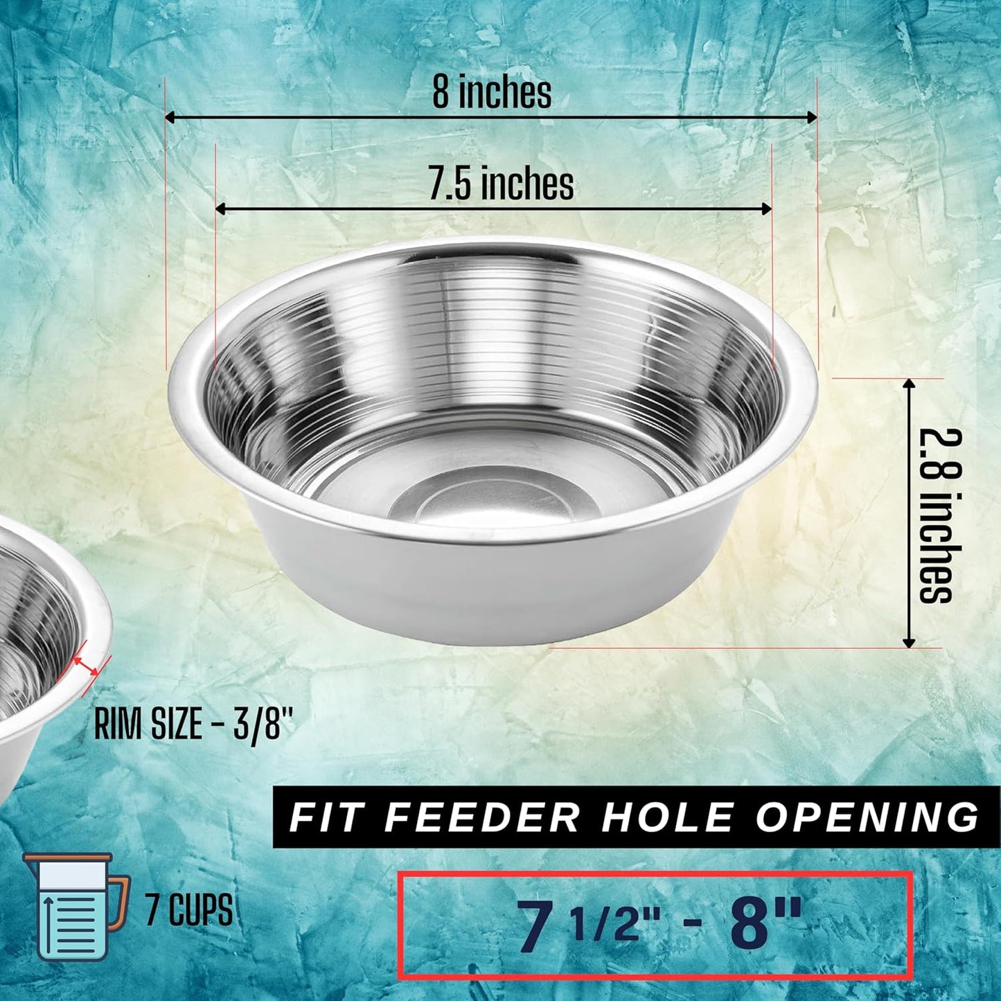 Pet Feeder Stainless Steel Dog Bowls Replacement 2-Pack Food Bowl, 8" Diameter, 2.8" Height Water Metal Bowls 7 Cups for Raised Feeder with Opening 7.5"- 8"