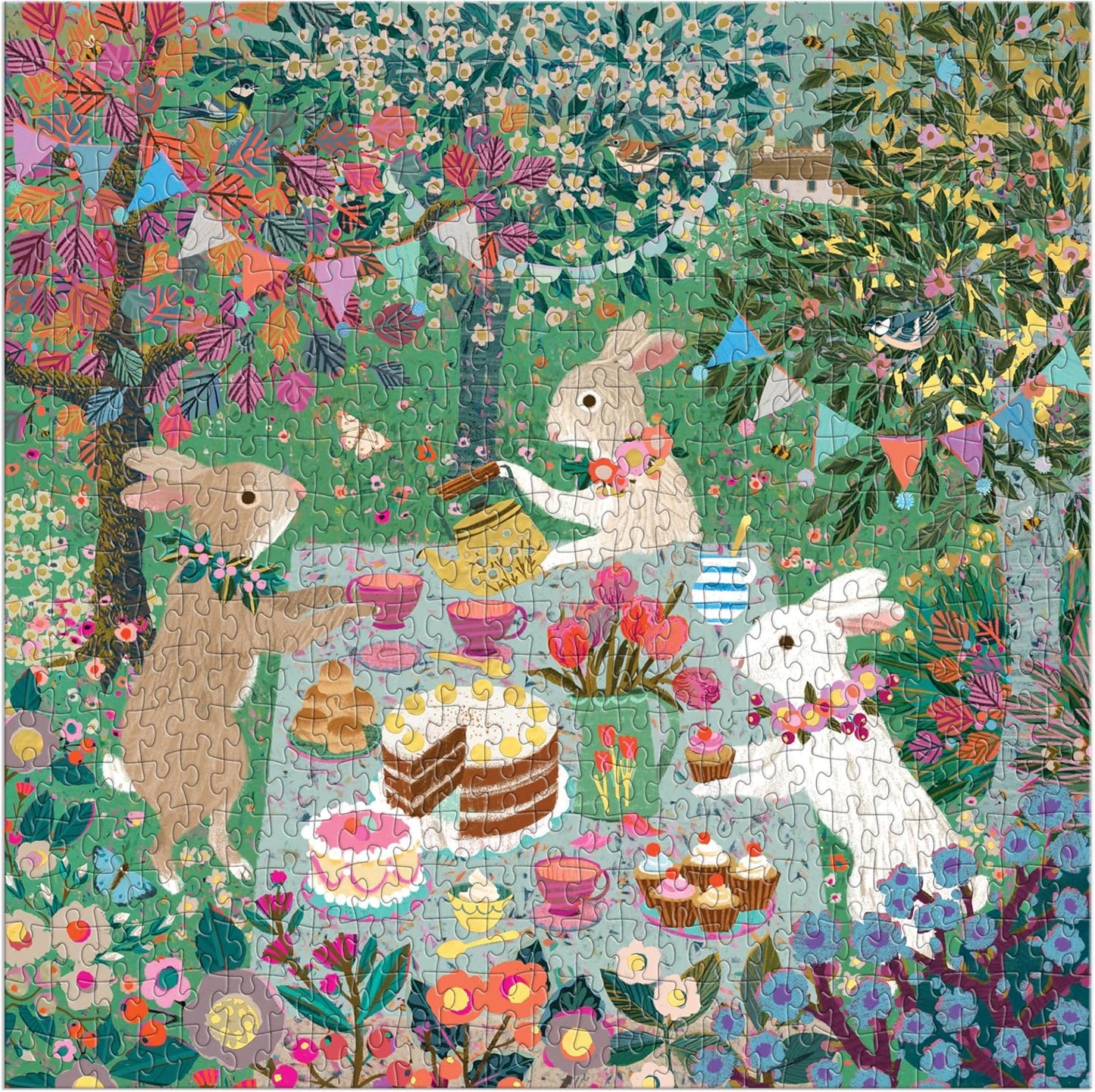 Galison Spring Tea Party – 500 Piece Foil Jigsaw Puzzle Featuring Beautiful Artwork of Rabbits Enjoying A Tea Party