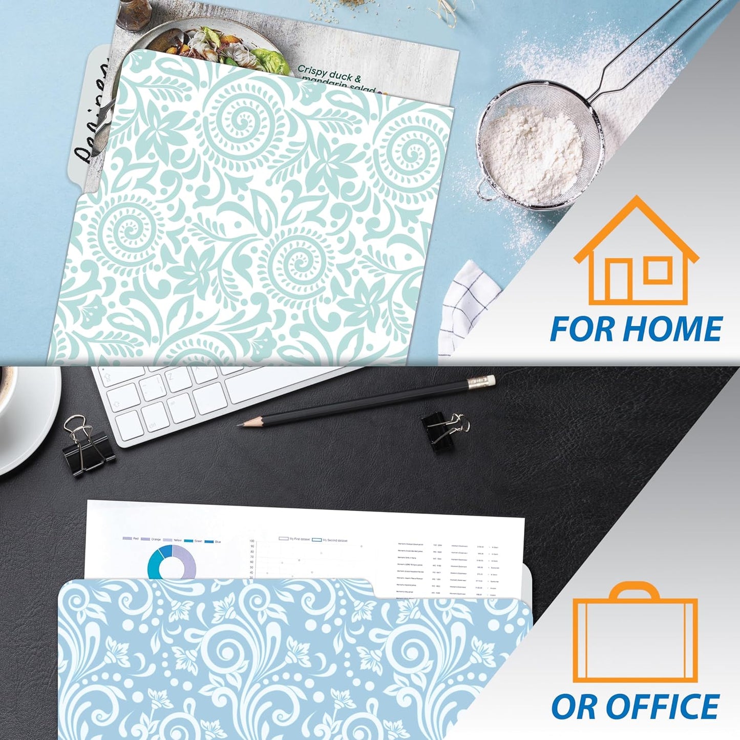 Better Office Products Decorative File Folders, 18 Pack, 9 Floral & Paisley Designs + 9 Matching Solid Colors, Heavyweight, Letter Size (9.5" x 11.5") with 1/3 Cut Tab, Laminated, Fashion Folders