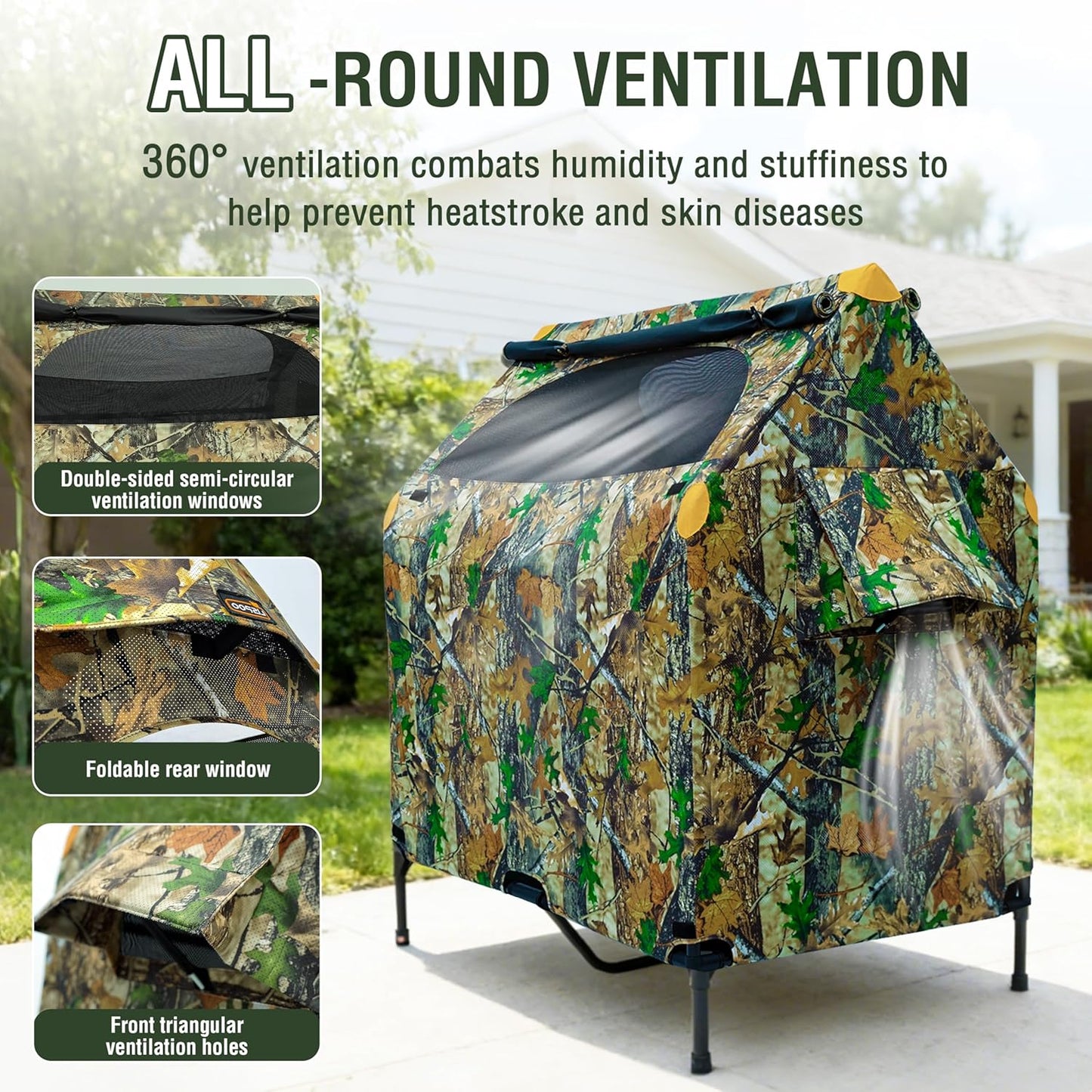42" Camouflage Canvas Outdoor Dog House Weatherproof,360° Visibility and Breathable Design,2-in-1 Dog Shade Shelter for Large Breeds with Removable Waterproof Cover,Elevated Dog Bed with Canopy (M)