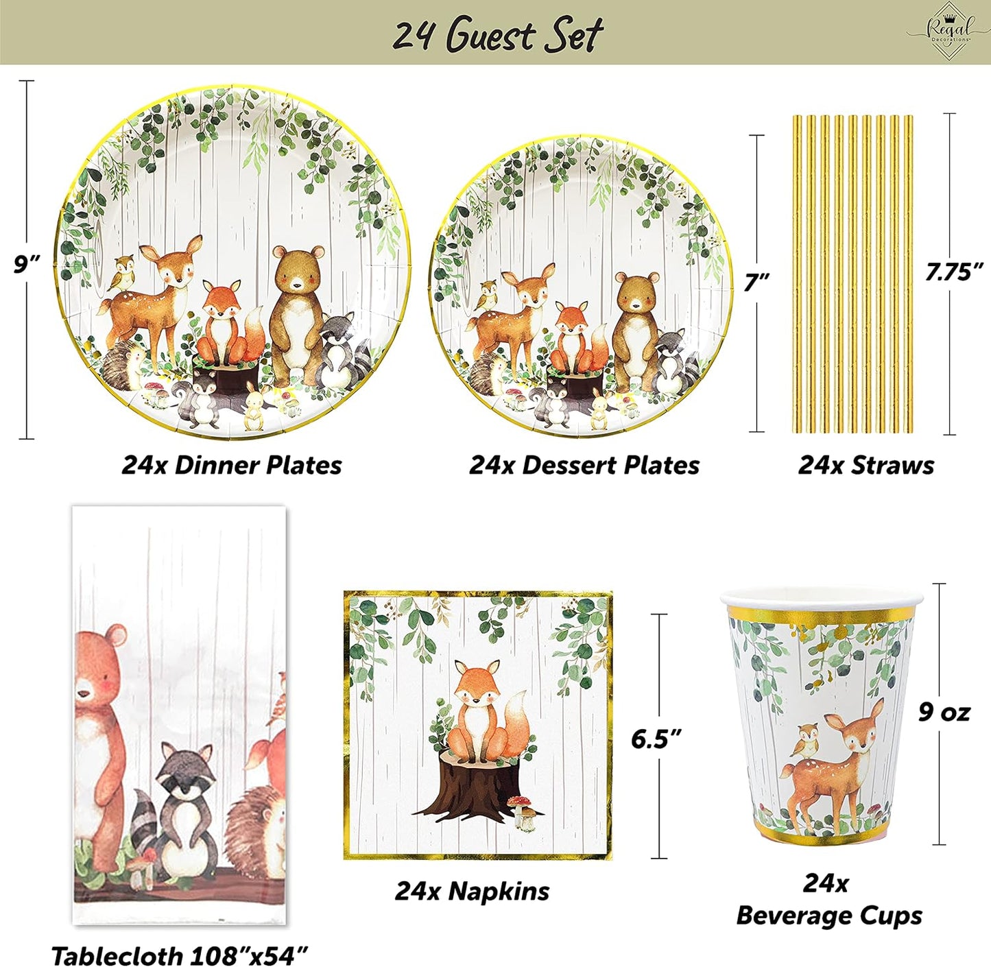 121Pc Woodland Baby Shower Decorations For Boy Or Girl, Birthday Party Supplies, Heavy Duty Sage Green Tablecloth, Paper Plates, Napkins, Straws And Cups, Forest Animal Friends Tableware Set Serves 24