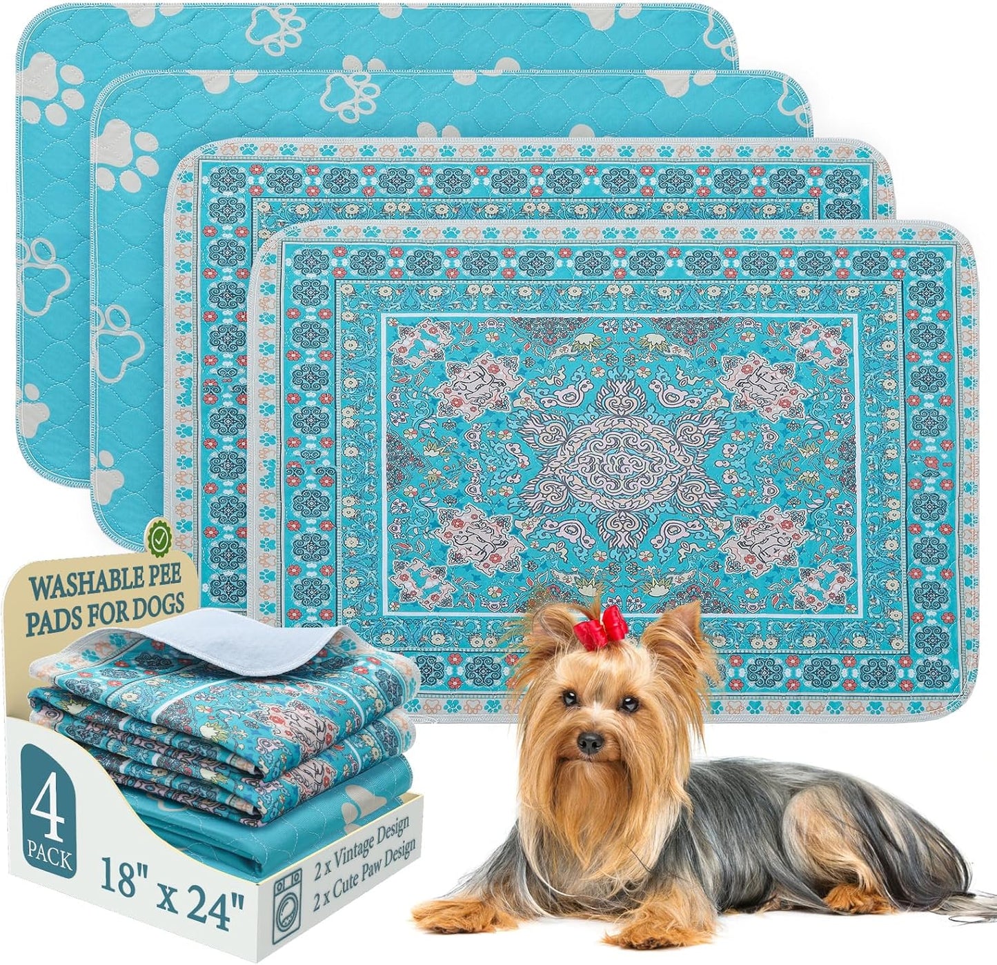 Homimp Washable Pee Pads for Dogs, 4 Pack Reusable Puppy Pads, Absorbent and Leakproof Dog Pee Pads, Non Slip Puppy Training Pads, Pet Mat for Floor, Crate, Couch, Whelping, 18"x24"