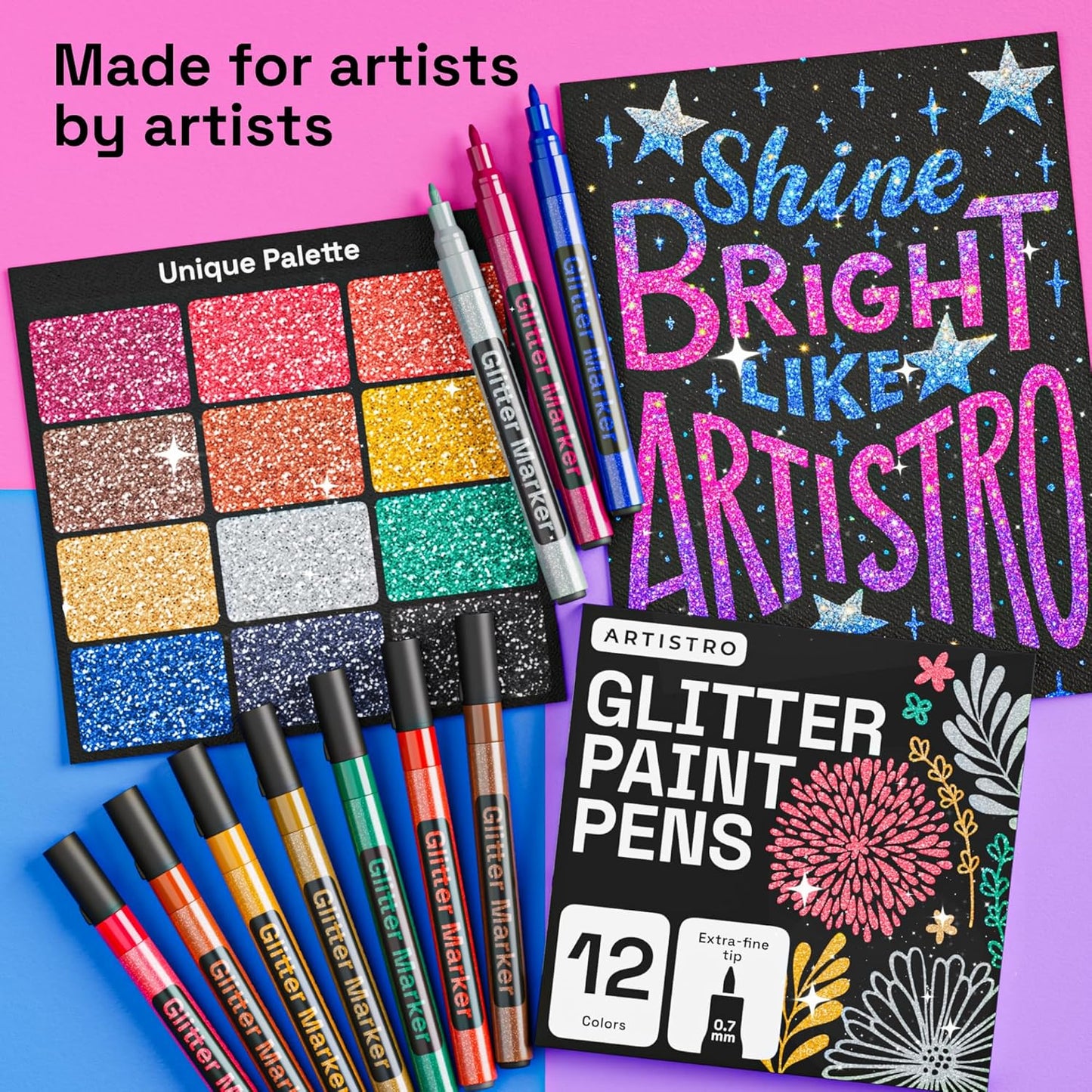 ARTISTRO 12 Glitter Paint Pens for Glass Marking, Rock Painting, Ceramic, Wood, Fabric, Scrapbooking, DIY Craft Making, Coloring - Acrylic Paint Markers Extra-Fine Tip 0.7mm