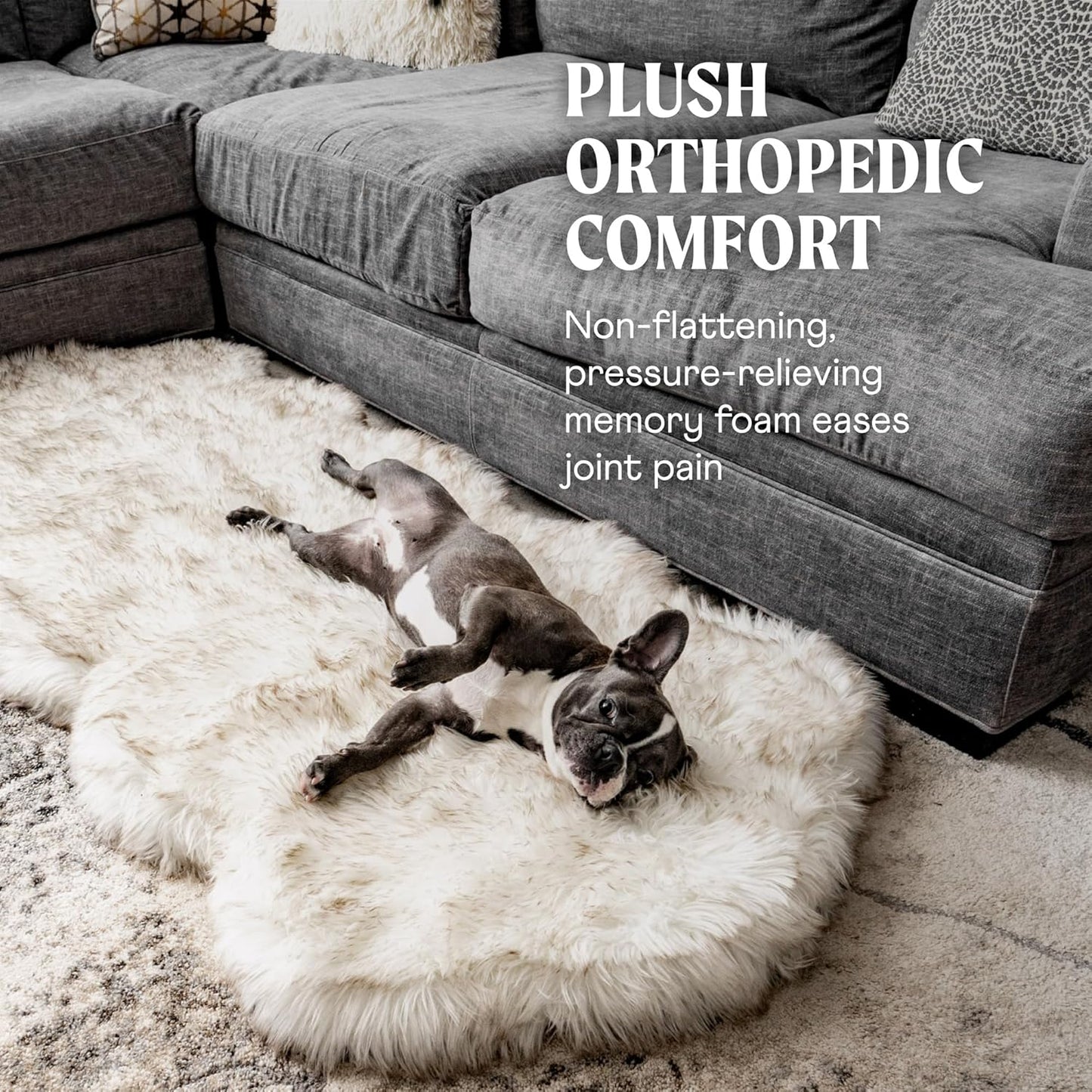 PAW BRANDS PupRug Orthopedic Dog Bed for Large Dogs with Fluffy Soft Faux Fur and Memory Foam for Joint Pain Relief, Machine Washable and Waterproof Couch Bed, White Runner, Large/Extra Large