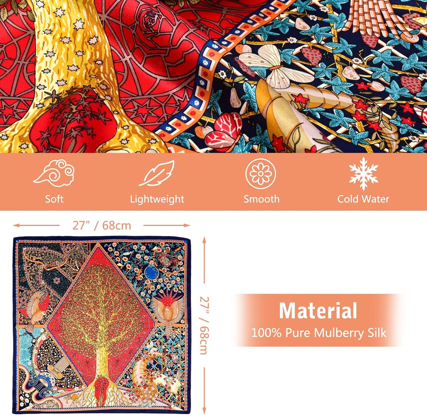 100% Silk Head Scarf for Women - 27" Hair Scarves Satin Bandanas Square for Night Sleeping with Gift Packed