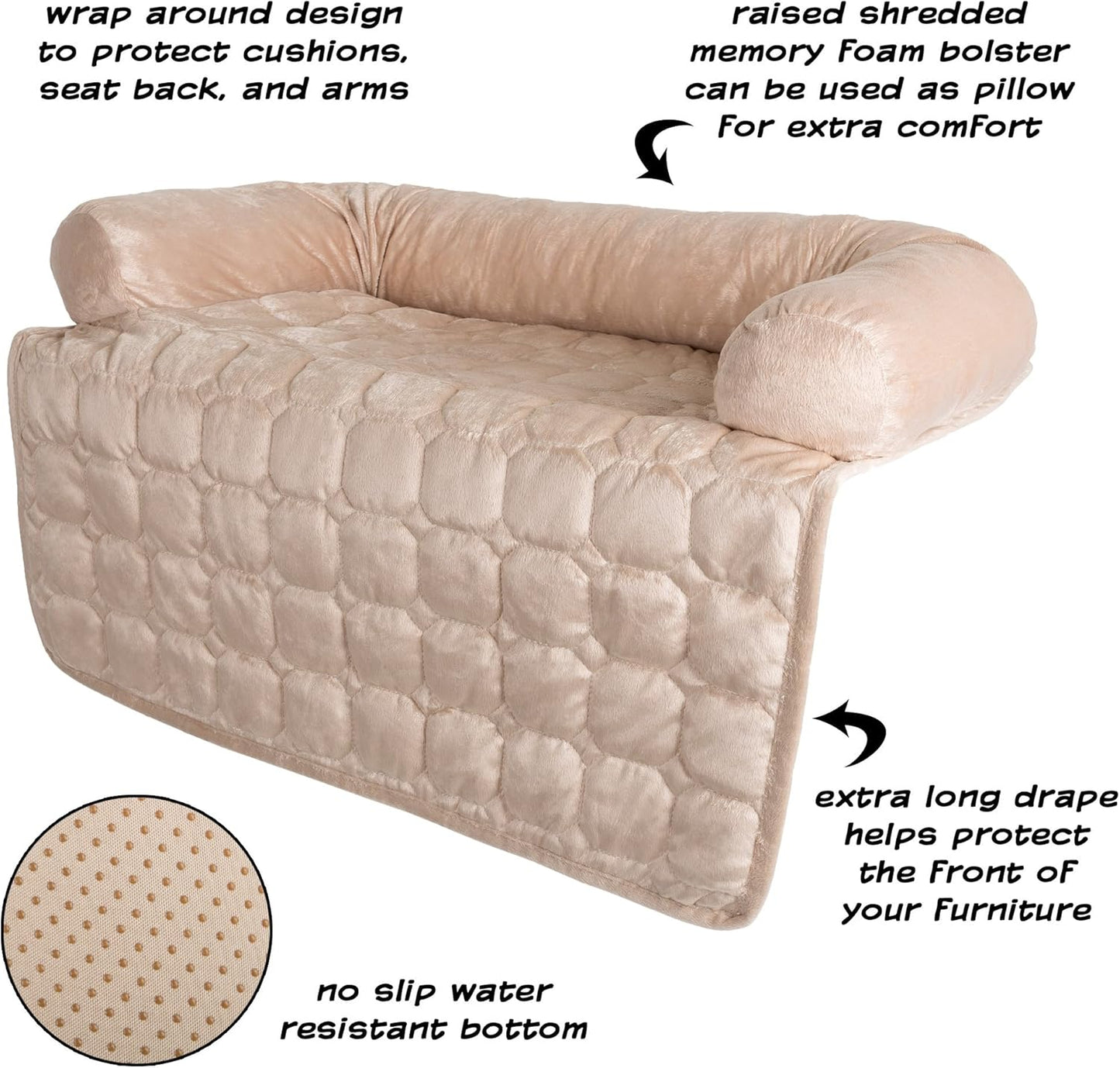 Couch Cover for Dogs – 30x30.5 Pet Furniture Protector with Memory Foam Bolster, Quilted Fabric, Non-Slip Water-Resistant Base by PETMAKER (Beige)