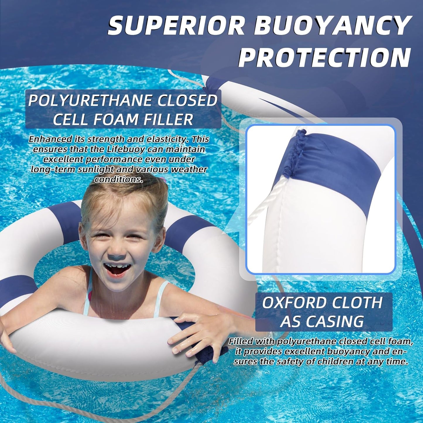 20" Foam Life Preserver Ring with 98.4ft Floating Lifesaving Rope, Throwable Flotation Device, Pool Safety Float, for Buoy and Swimming Decoration, Boat Safety Equipment