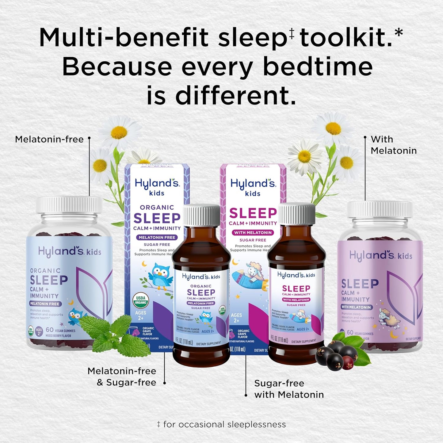 Hyland's Kids Melatonin-Free Organic Sleep Calm & Immunity Liquid, Sugar-Free with Magnesium, Vitamin D, Zinc & Elderberry, Promotes Sleep & Supports Immune Health, Ages 2+, Grape Flavor, 4 Fl. Oz.