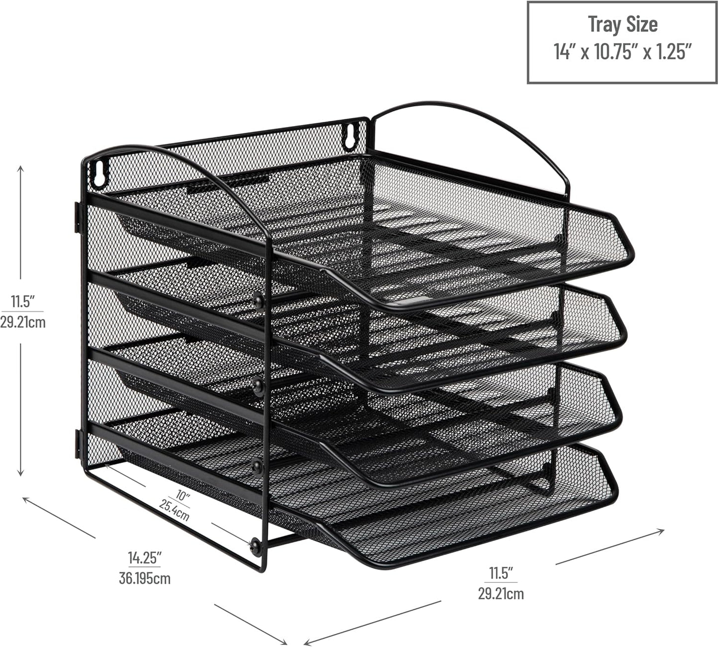 Mind Reader 4-Tier Paper Tray, File Storage, Desktop Organizer, Wall Mountable, File Organization, Metal Mesh, Black