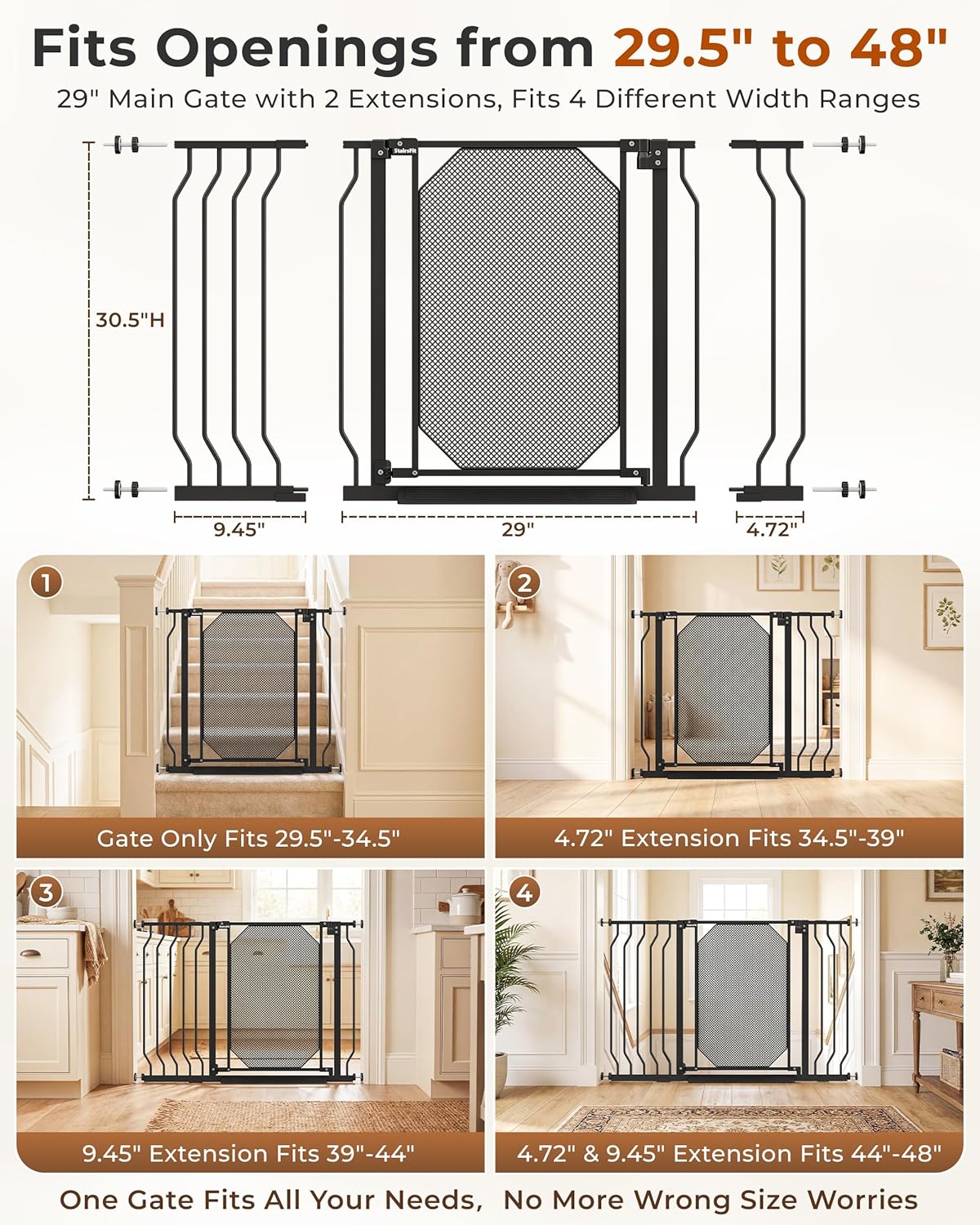 29.5-48" Baby Gate for Stairs, Pressure Mount No Drill, Lift to Unlock Child Proof, One-Hand Auto Close Walk Through Pet Dog Gate for Doorways, Fits 4 Different Width Ranges, Black