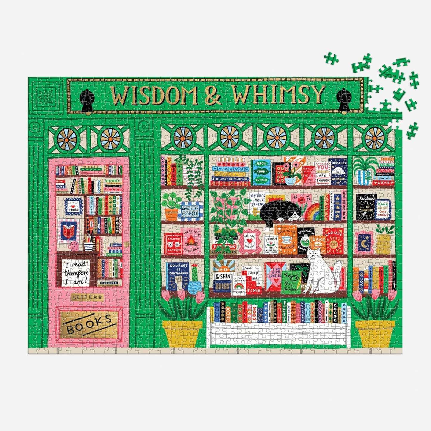 Galison Wisdom & Whimsy – 1000 Piece Foil Jigsaw Puzzle Featuring Beautiful Artwork of A Bookshop Scene