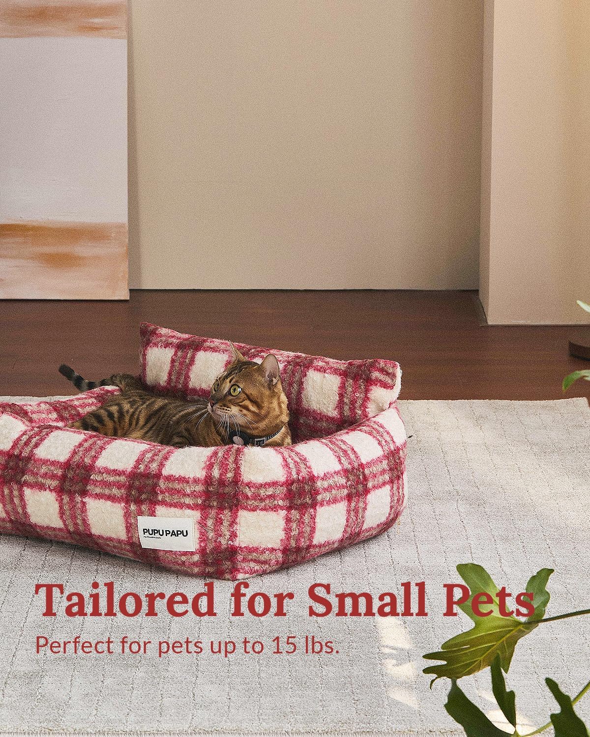 Bouclé Plaid Cat Sofa - Designer Mid-Century Modern Pet Couch, Furniture-Grade Aesthetic Bed for Indoor Cats & Small Pets, Berry Red Rustic Decor, Washable, 21.6"x17.7"