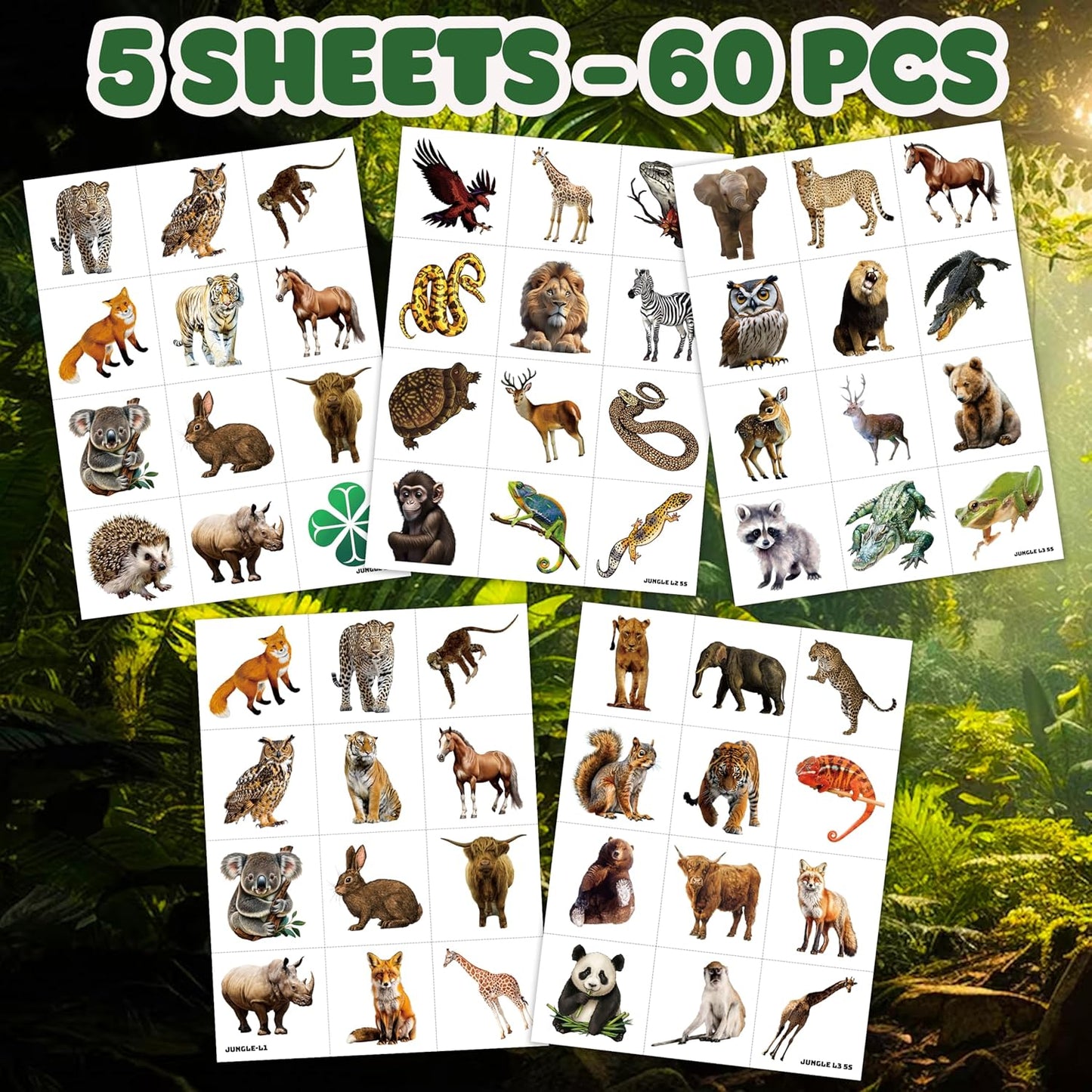 60 PCS Realistic Wildlife Jungle Animal Pre-Cut Temporary Tattoos Sticker Reptile Birthday Party Decorations Supplies Favors Gifts Boys Girls Zoo Cute Fake Tattoo School Reward Themed