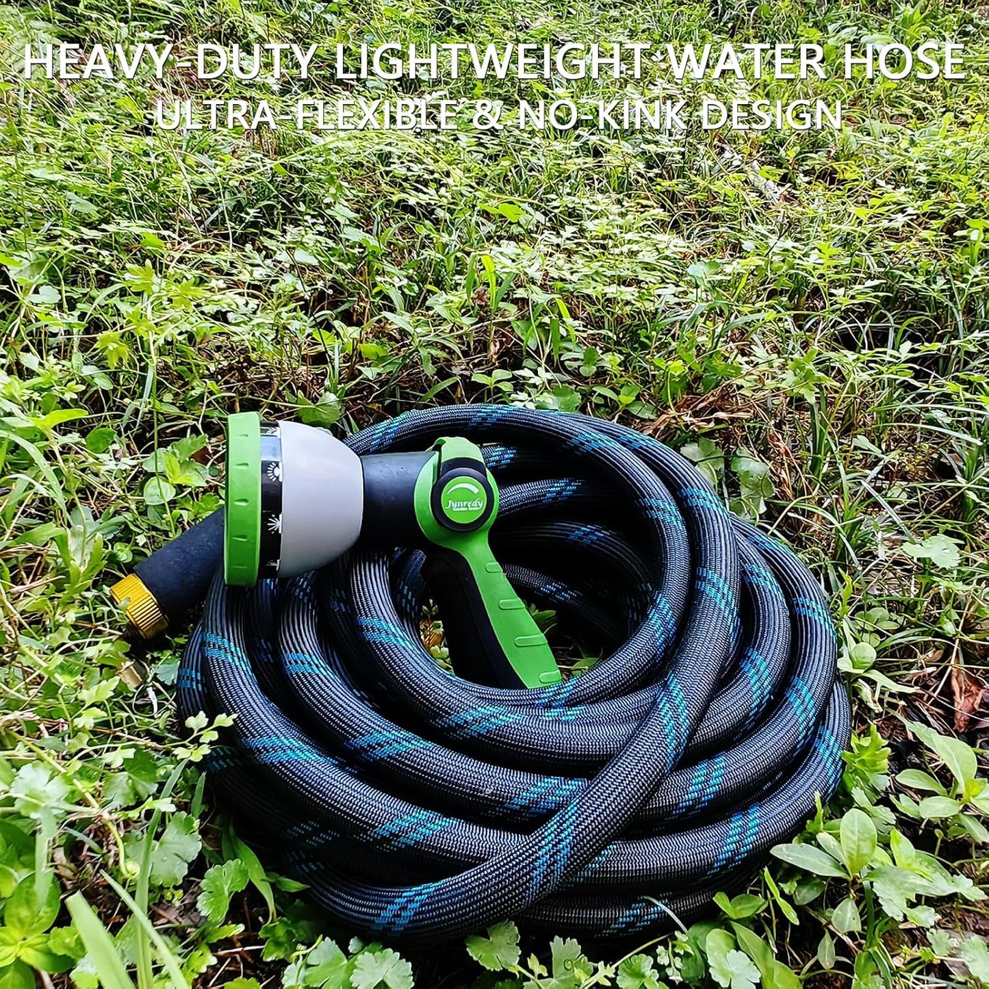 Garden Hose 50 FT, NON-EXPANDABLE Heavy-Duty Flexible & Lightweight Water Hose with 10-Function Nozzle, No-Kink, Leak-Proof Super Fabric, Solid Fittings for Lawn, Car, Outdoor (Black Blue)