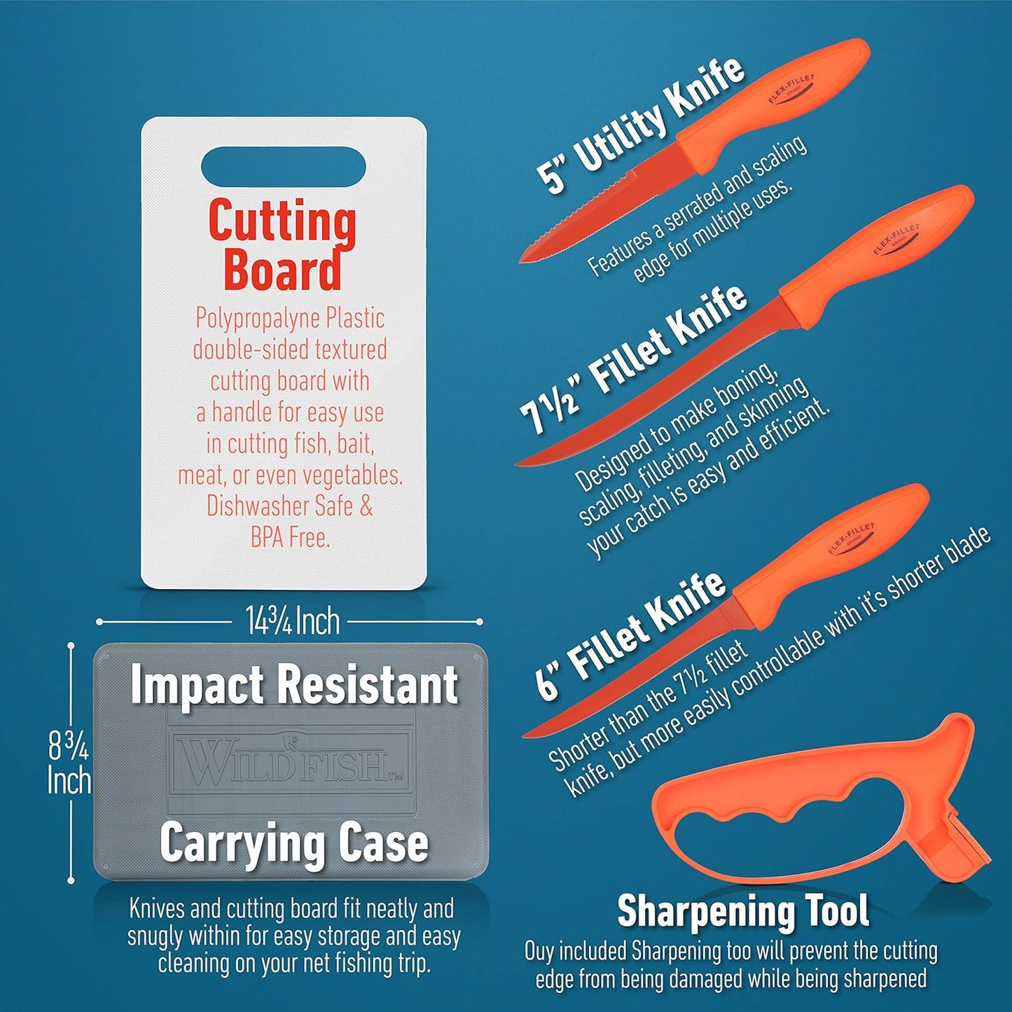 Flex Fillet Fishing Cutlery Set with Sharpening Steel, Cutting Board and Durable Leymar Handles, 5-peice