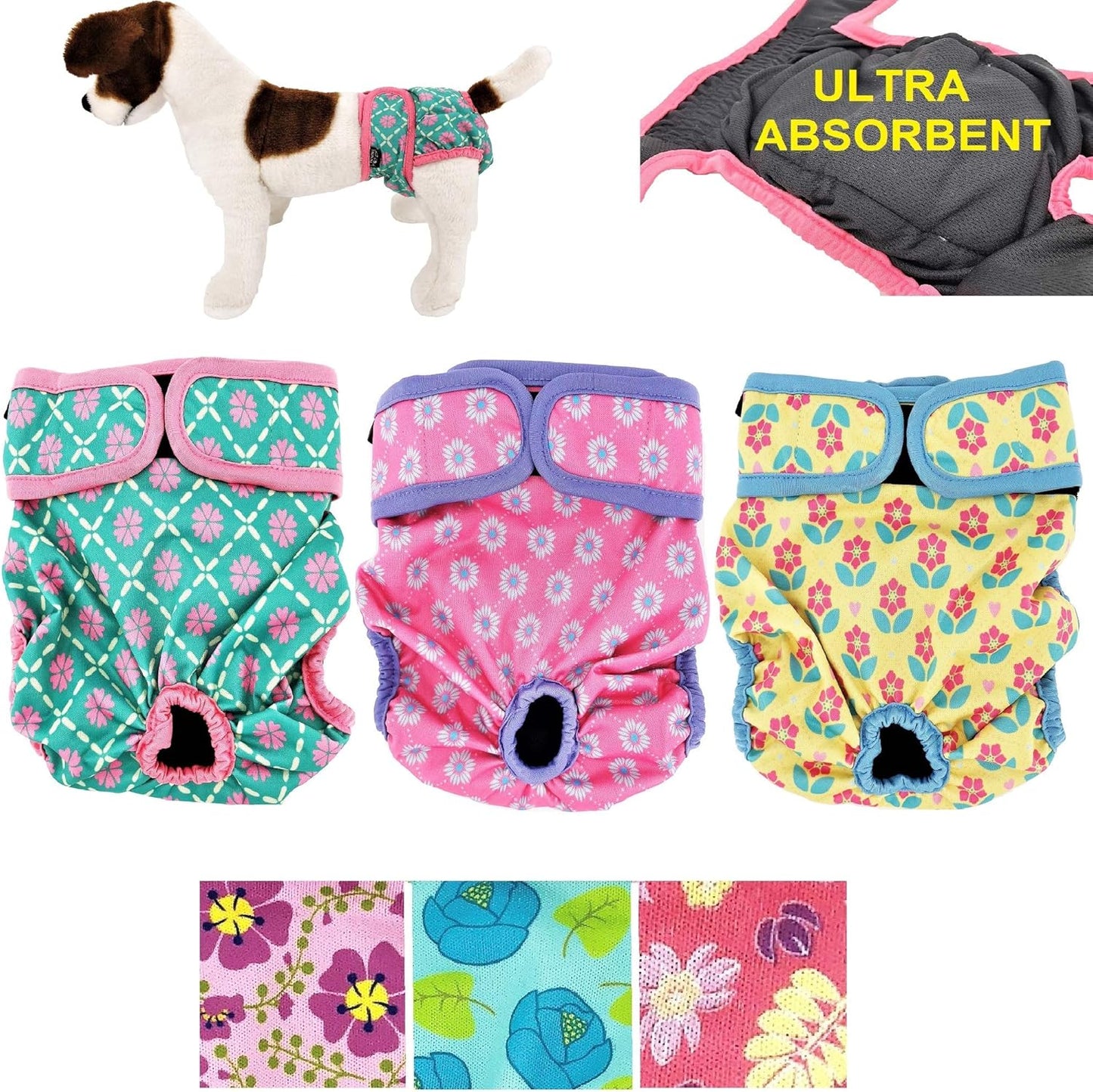 Pack of 3 Female Dog Diapers with 4 - Layers of Absorbent Pads Cat Panties Waterproof Leak Proof Washable (XS: Waist 8" - 12", Neon Pattern)